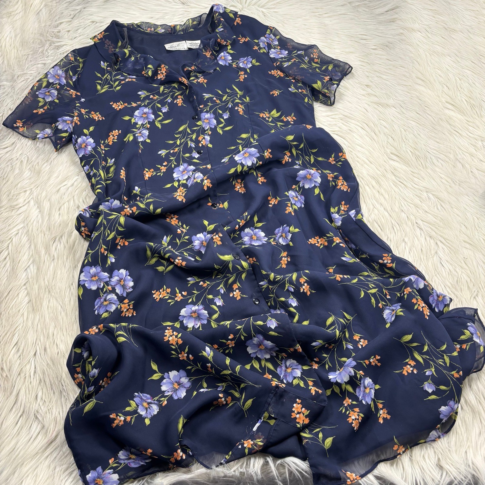 Vintage 90’s Kathie Lee Women’s 18 Navy Floral Flowy Button Front Maxi Dress
