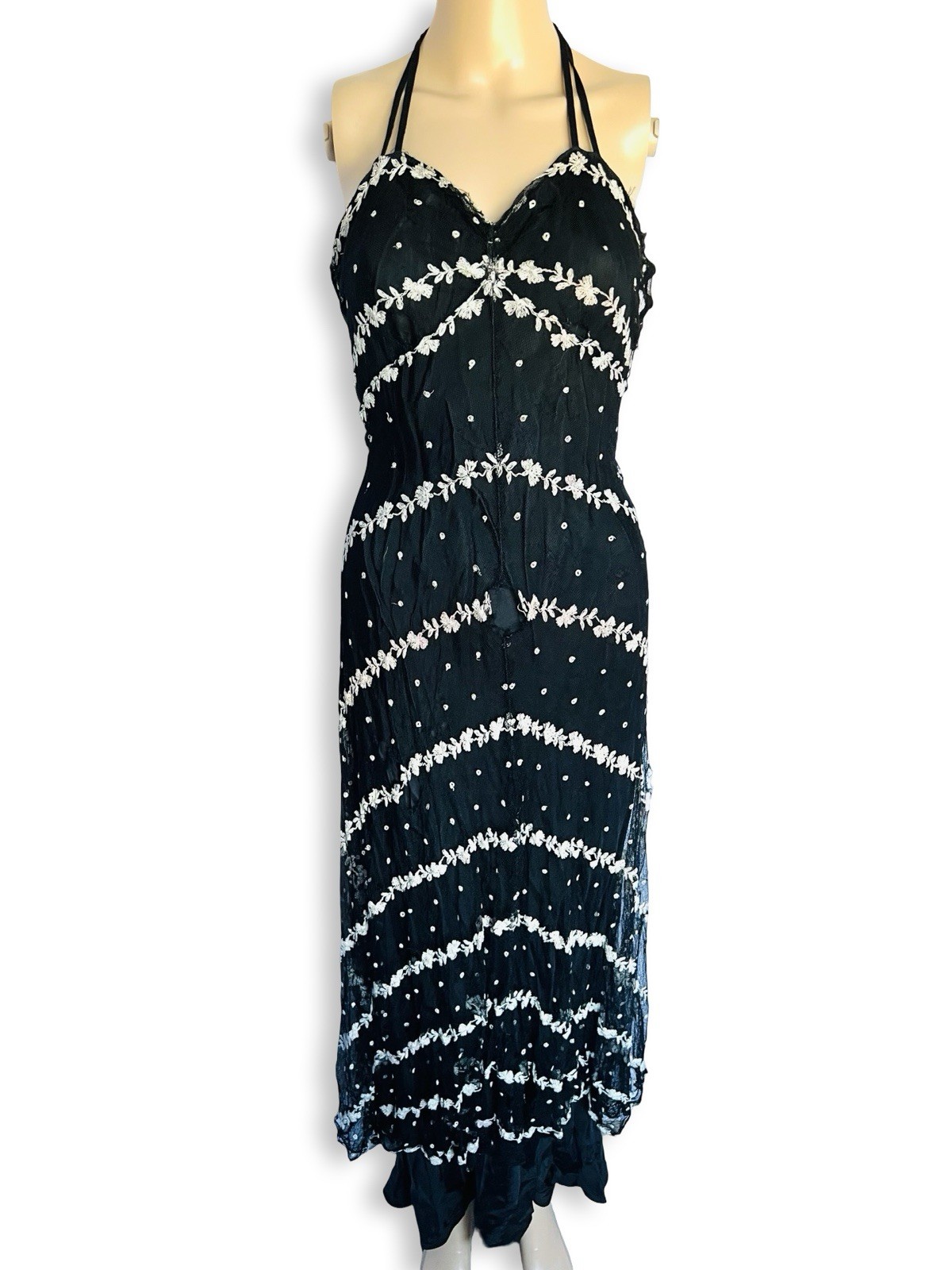 Vintage 1930s Black Mesh White Eyelet Lace Bias Cut Gown Dress Small XS As Is