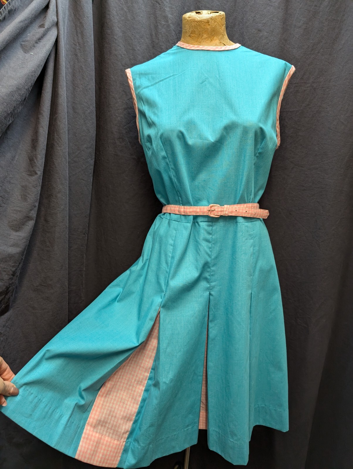 1960’s Teal Blue Pink & White Cotton Blend Scooter Dress by Fashion Firsts M/L