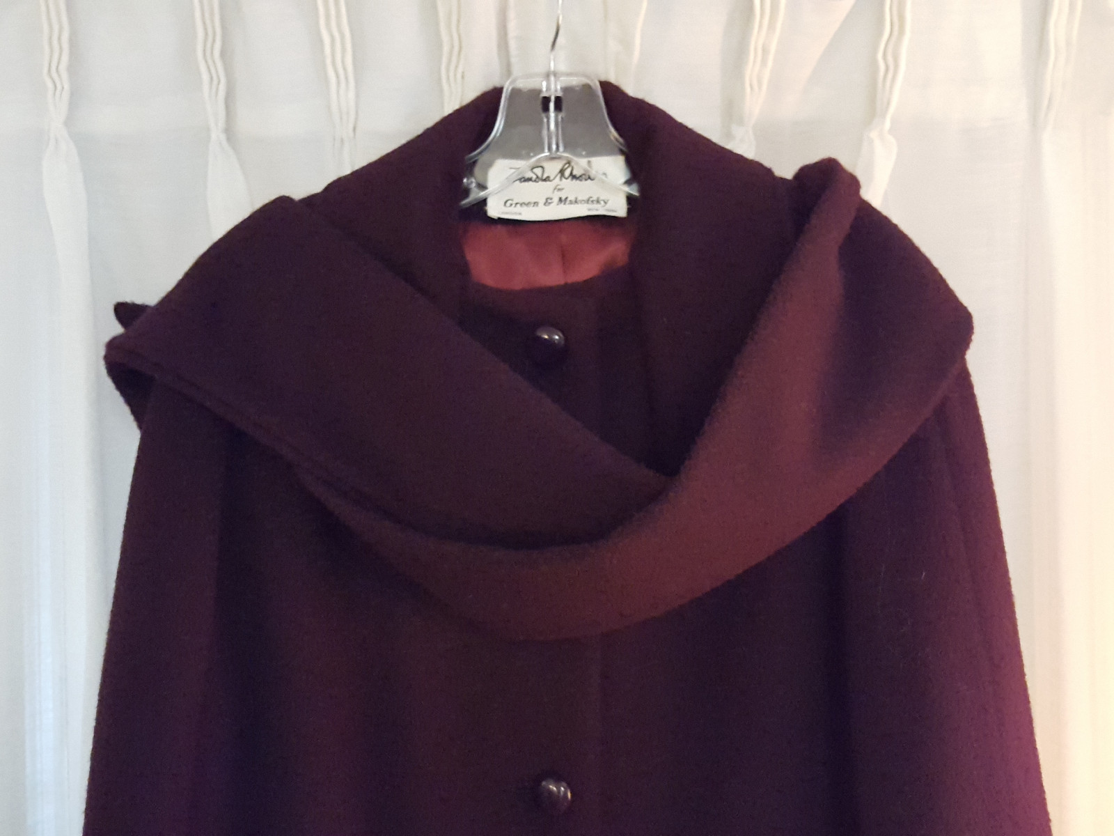 Zandra Rhodes Designer Ladies 100% Wool Coat, Vintage 1980s, Deep Burgandy Color