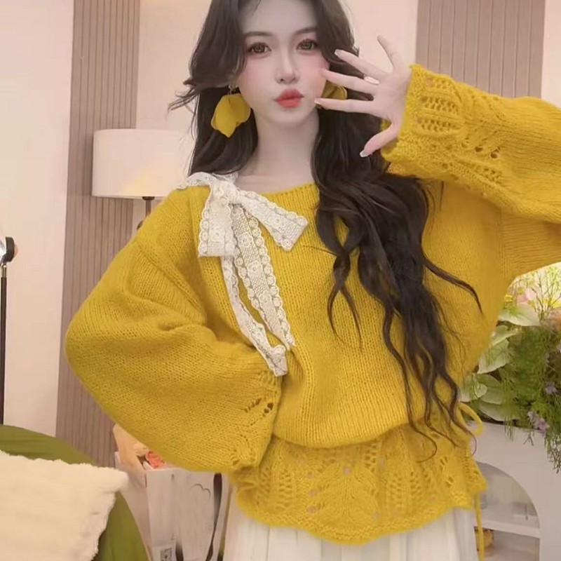 Japanese Sweet Girls Womens Bow Sweaters Jumpers Lolita Cute Princess Shirts