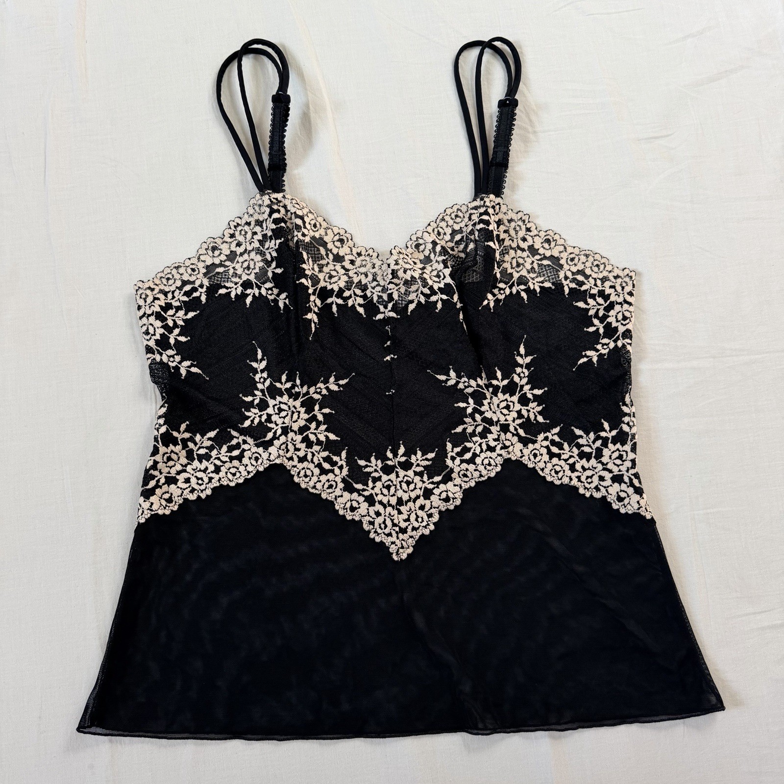 Wacoal L Black Beige Lace Mesh Camisole Sheer Floral Lingerie Top Coquette Fairy
