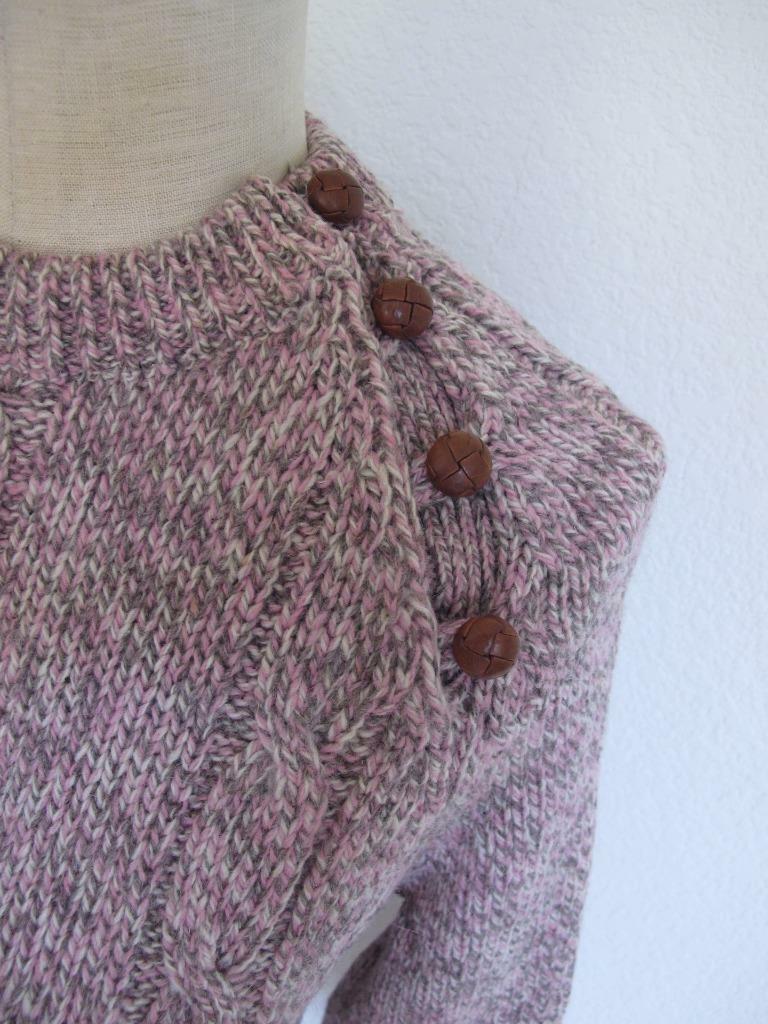 Vintage Carroll Reed Ski Shops Wool Cable Sweater S M Pink Taupe Leather Button