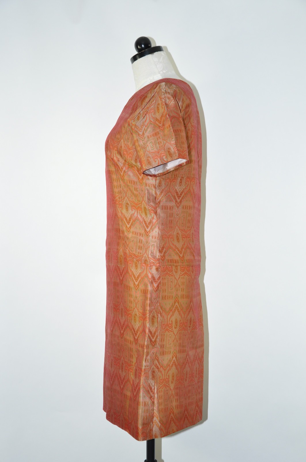 60s Vintage Copper Rust Brown Silk Ikat Short Sleeve Wiggle Dress Women S M