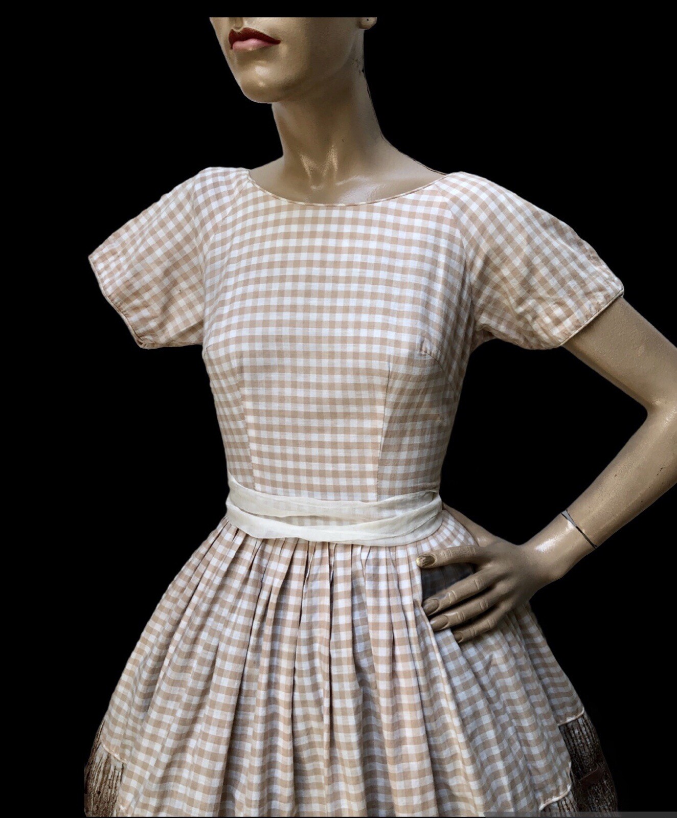 VTG 1950s „LOOK At Me I’M SANDRA DEE” Girly GINGHAM DRESS w/VELVET RIBBON HEM XS