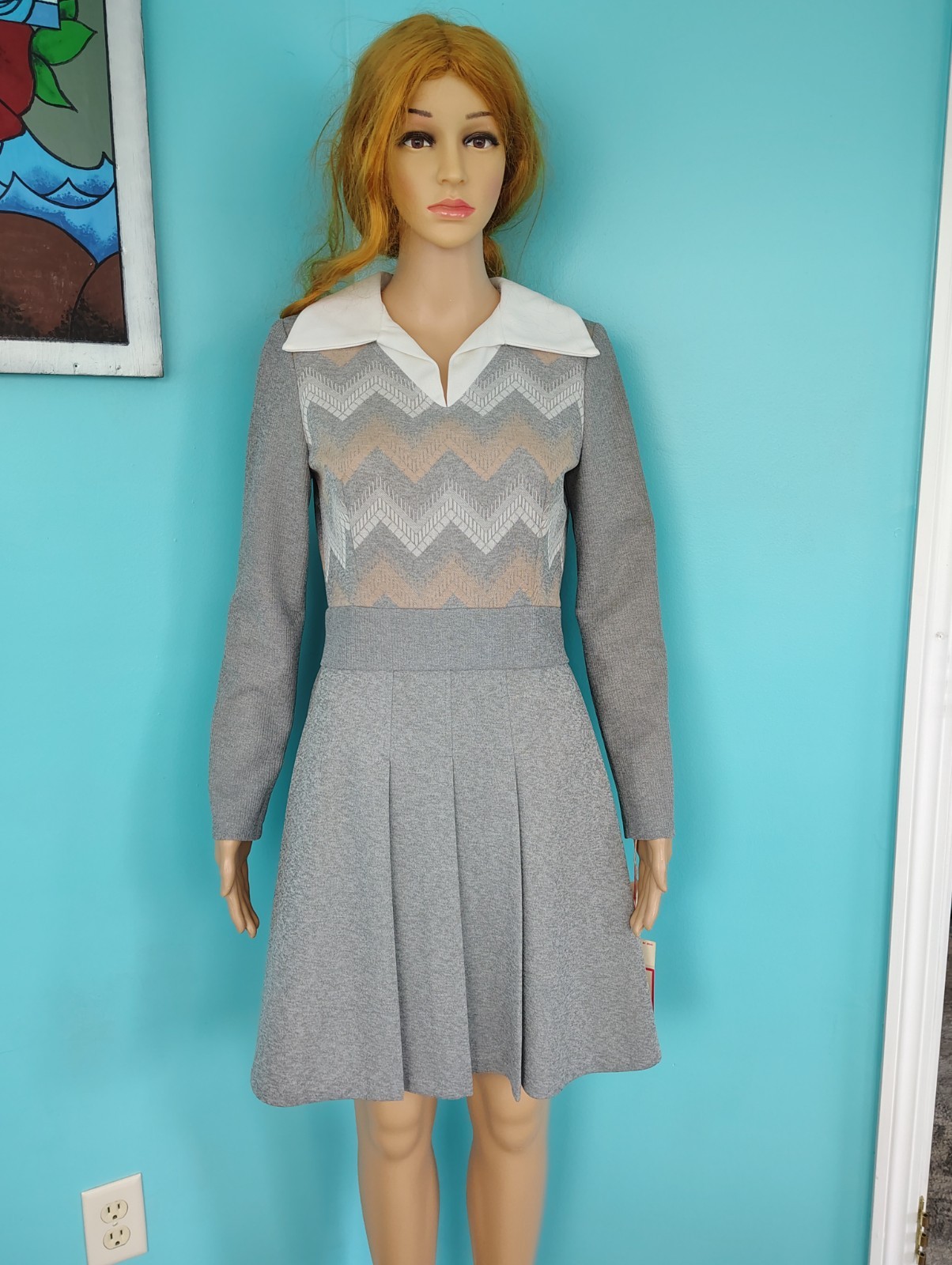 Vintage 70’s Chevron Mini Dress Gray Peter Pan Collar Patty O’Neil NWT size: 11