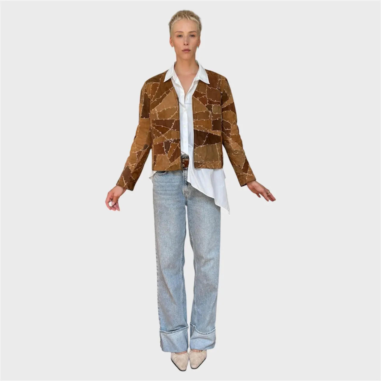 Vintage Brown Suede Patchwork Jacket | Embroidered Zip-Up Size US 8/ EU40
