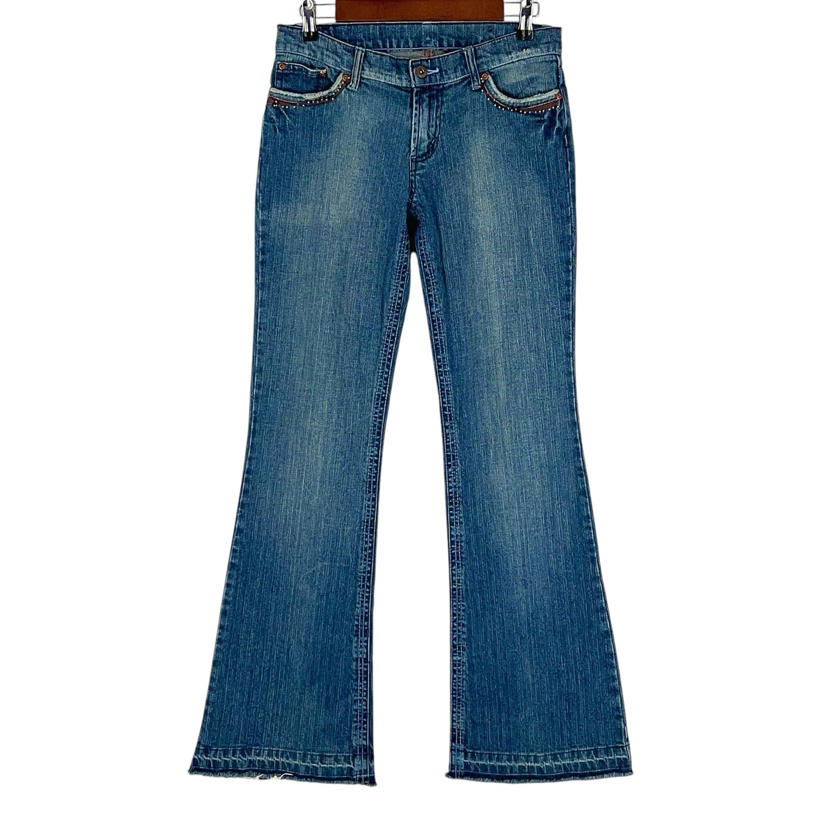 Vintage 90s Y2k Bongo Low Rise Bootcut Jeans Boho Turquoise Brown Beading 28″x32