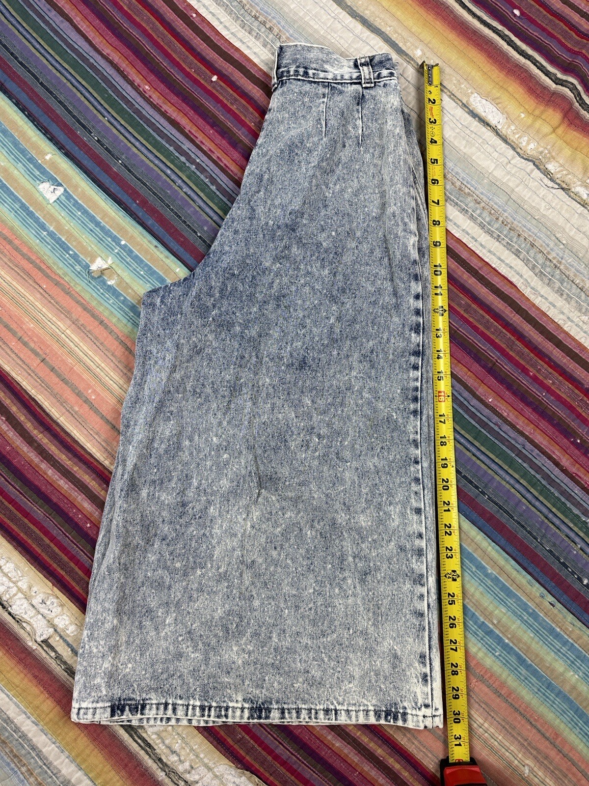 Vintage 80s Acid Wash Denim Flared Culottes Pleated High Waist 22×19 Baggy USA