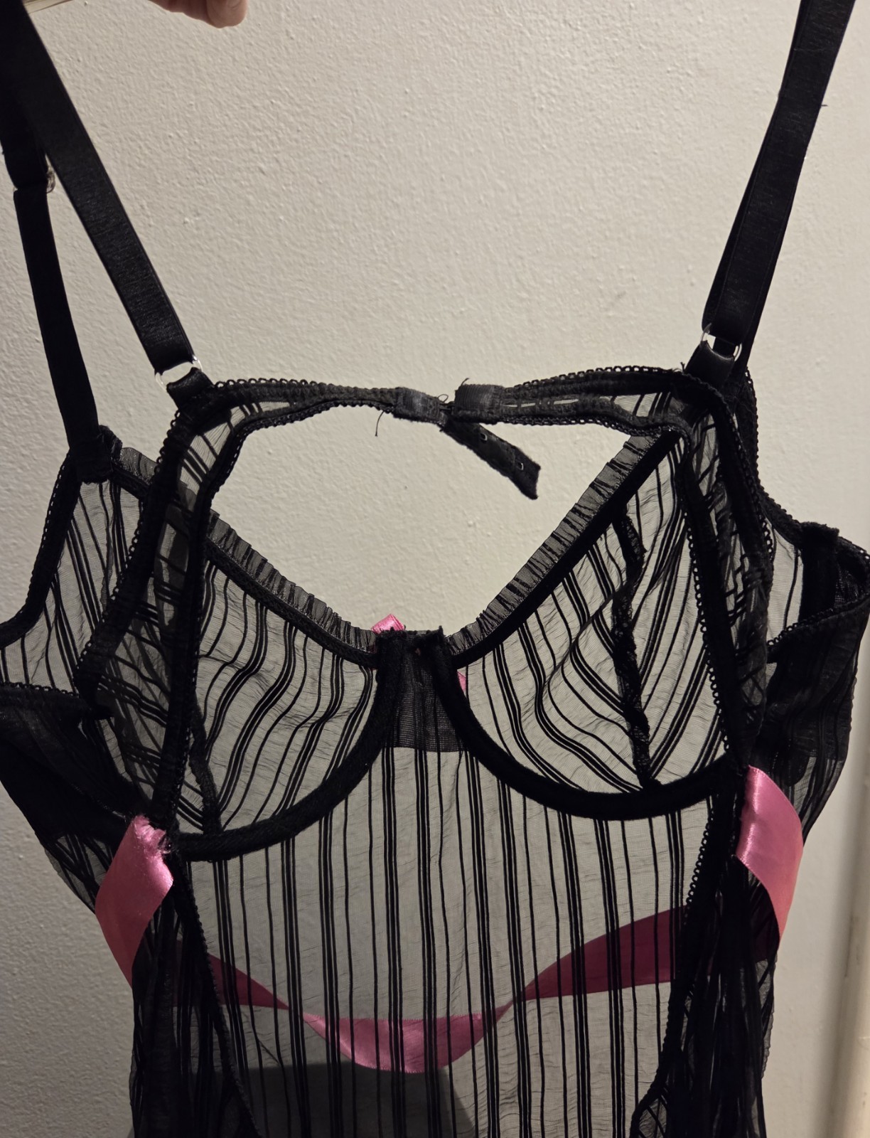 Vintage Y2K Elegant Moments Black Mesh Lingerie Pink Ribbon & Bow *Size L* EUC