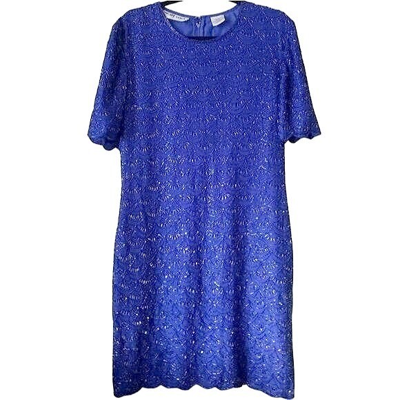 Woman’s 80’s Silk Beaded Scalloped Knee Length Dress size 8 Blue