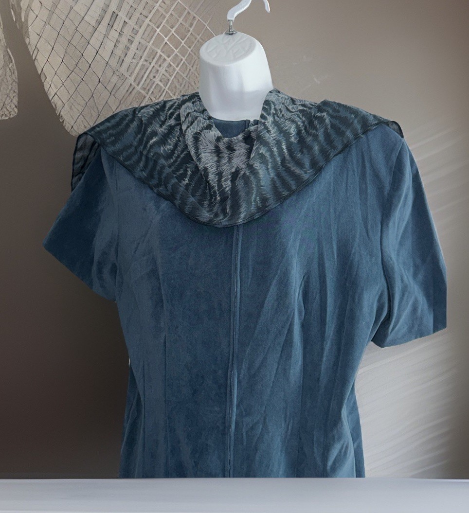 M.H.M. Melissa Harper Vintage Blue Gray Size 16 Dress With Scarf NWT 80s S-pads
