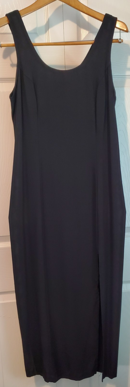 Vintage Black Minimalist Midi Dress Sleeveless Side Slit USA Rayon