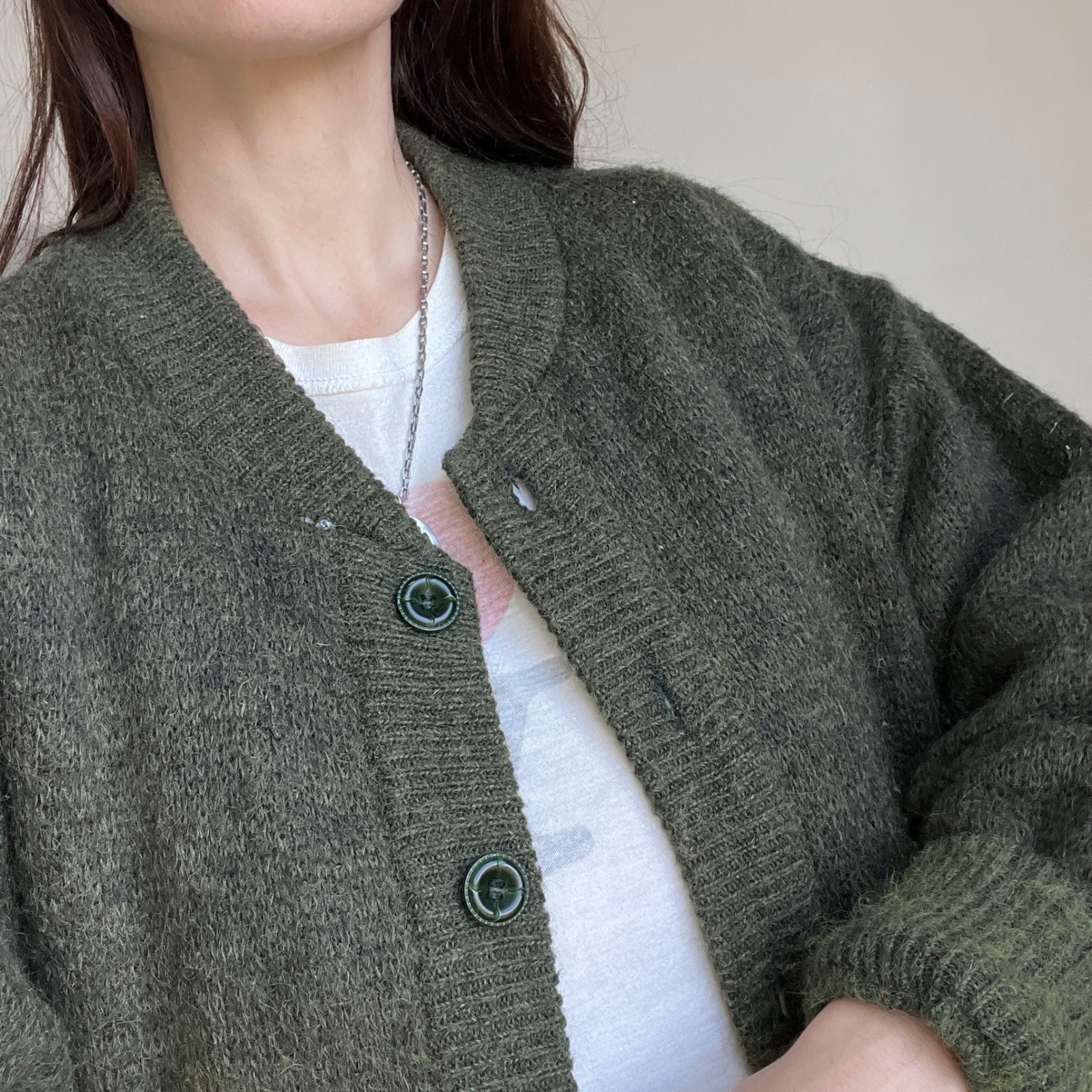Vintage Cardigan Sweater XL Green Mohair Wool Blend Quilted Lined Oversized