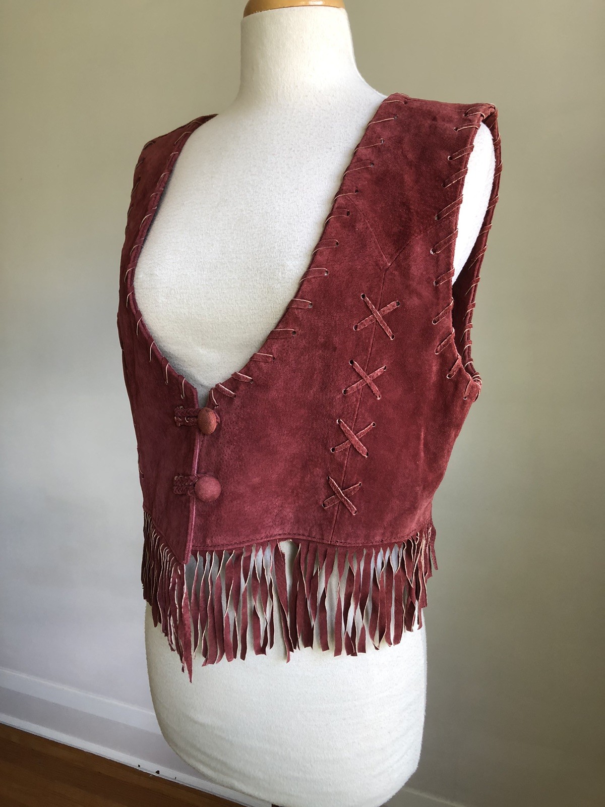 STUNNING VTG DON’T STOP Classics Maroon Suede Leather Fringe Vest SZ L