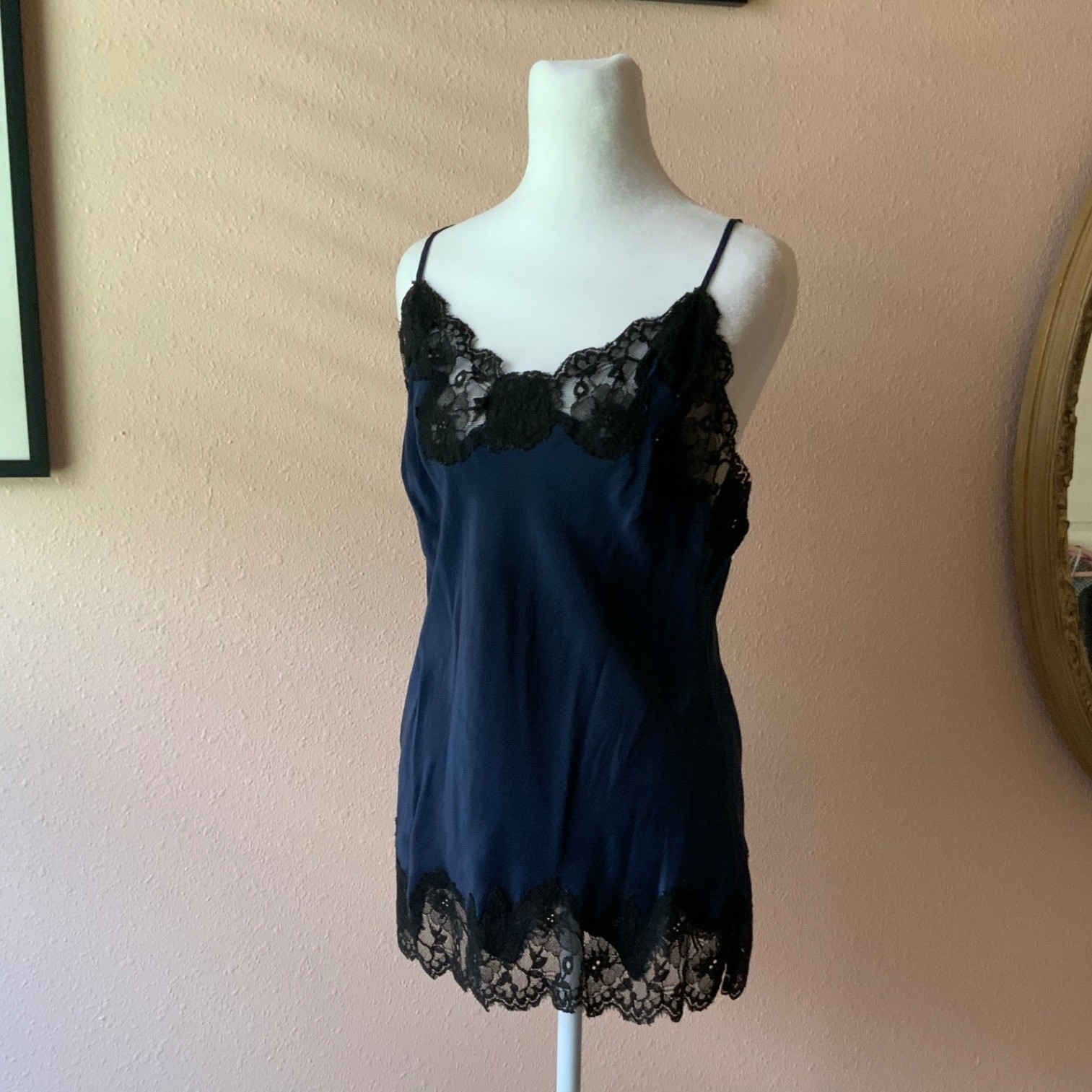 Navy Blue and Black Lace Gold Hawk Silk Cami Large