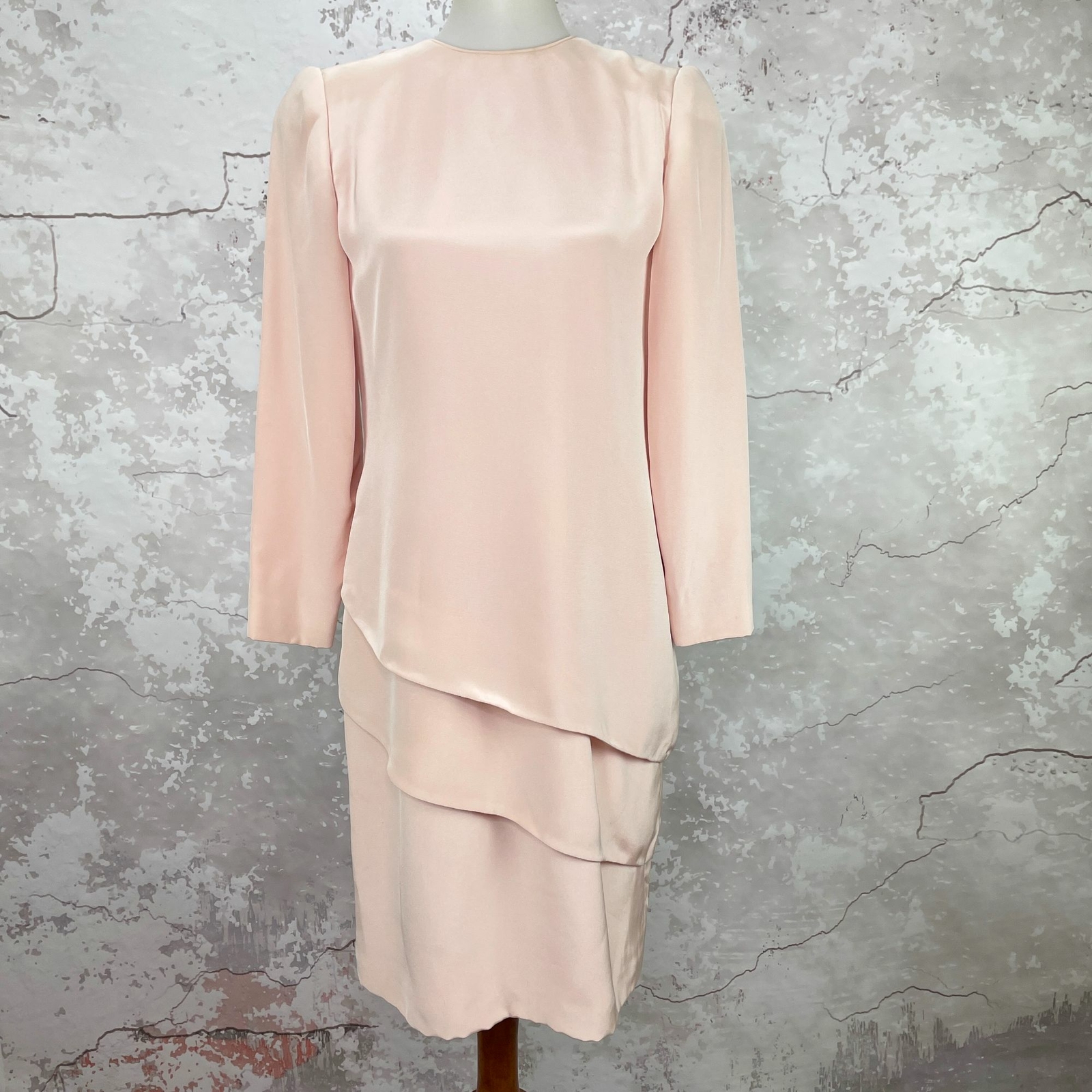 Vintage David Hayes 80s Silk Pink Tiered Shift Midi Dress 8