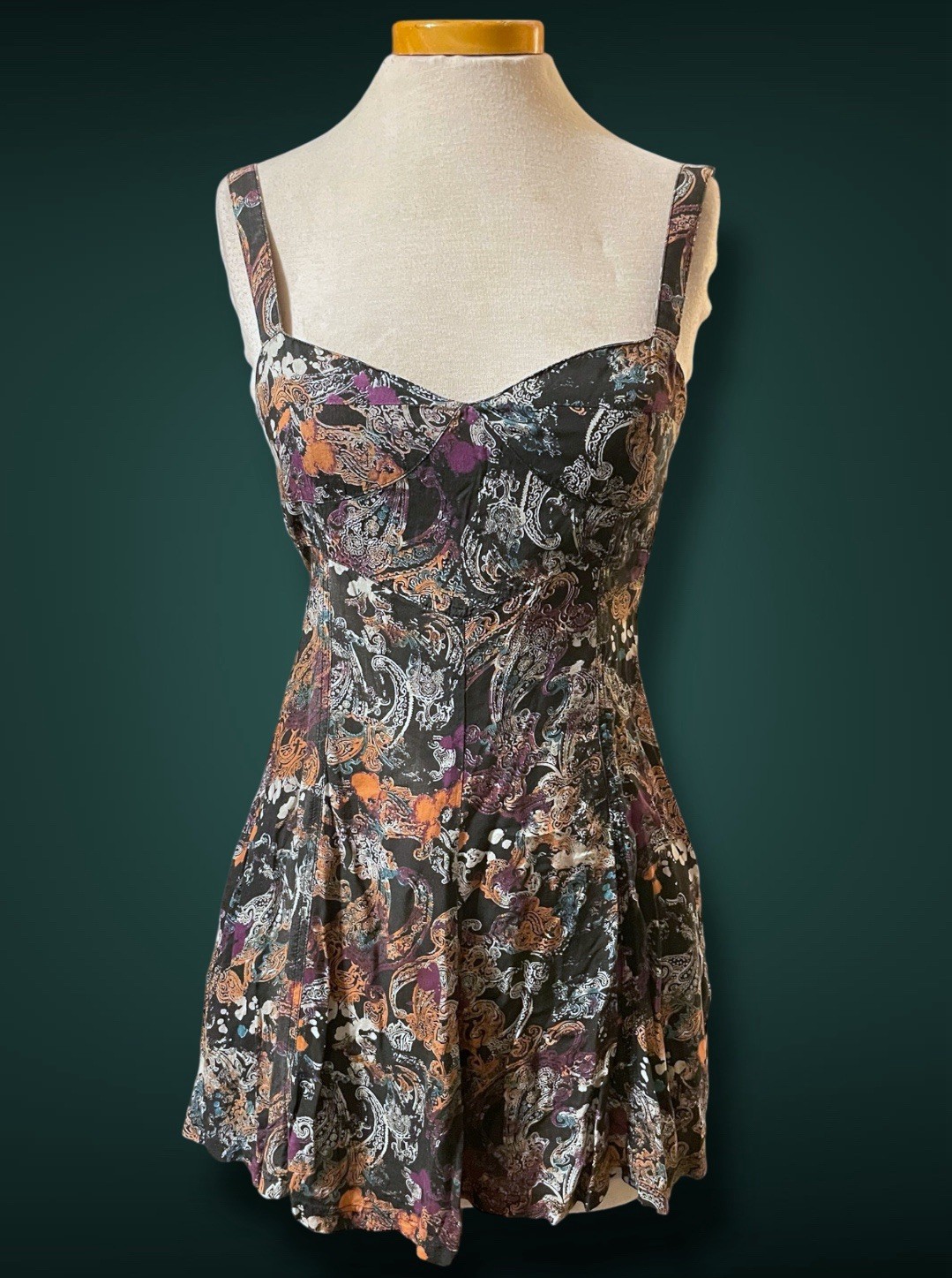 1990’s Black & White Paisley Print w Purple, Teal & Rust Bleach Splash Sundress