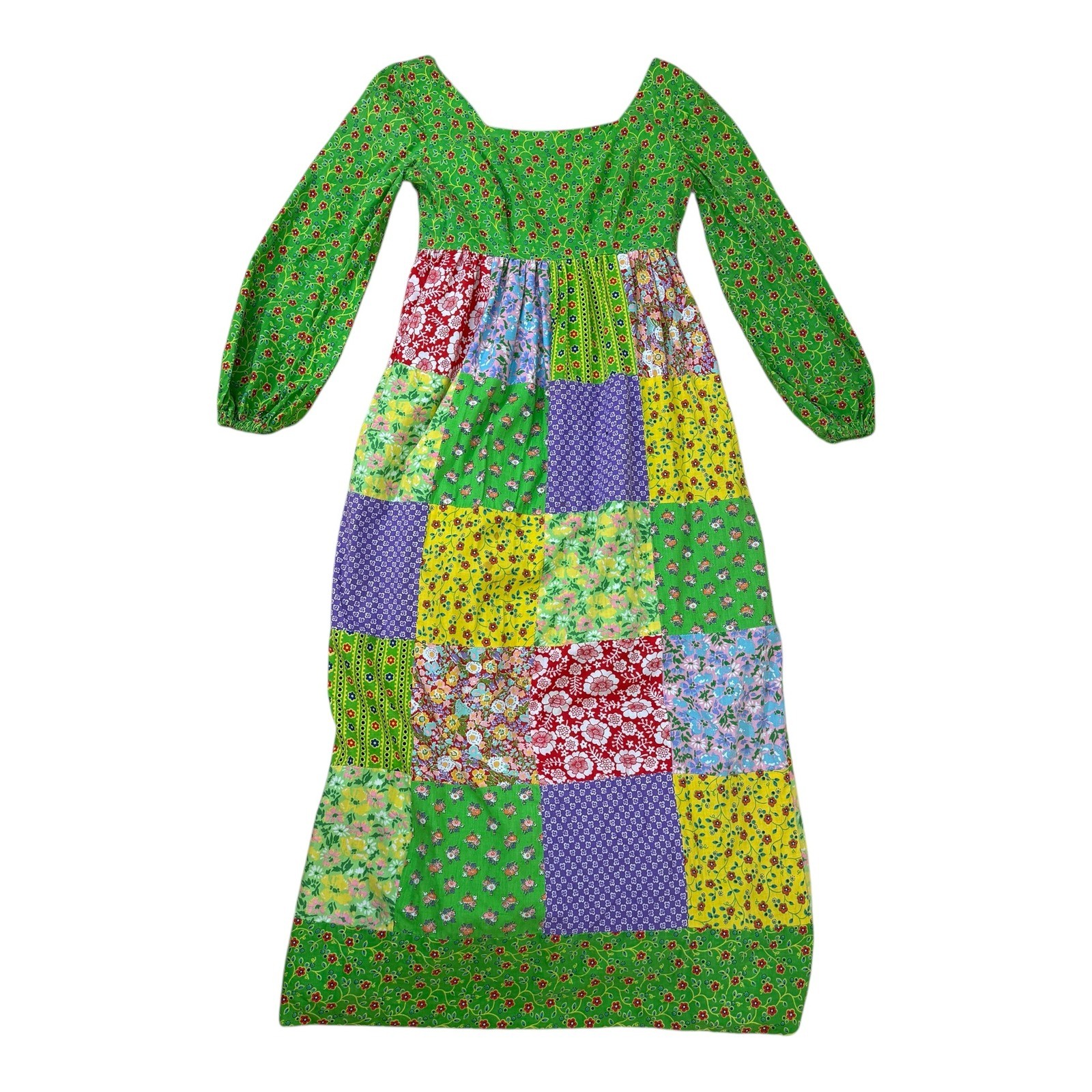 Vtg Mountain Artisans Patchwork Maxi Hippie Dress Floral Boho Green Pink Size 8
