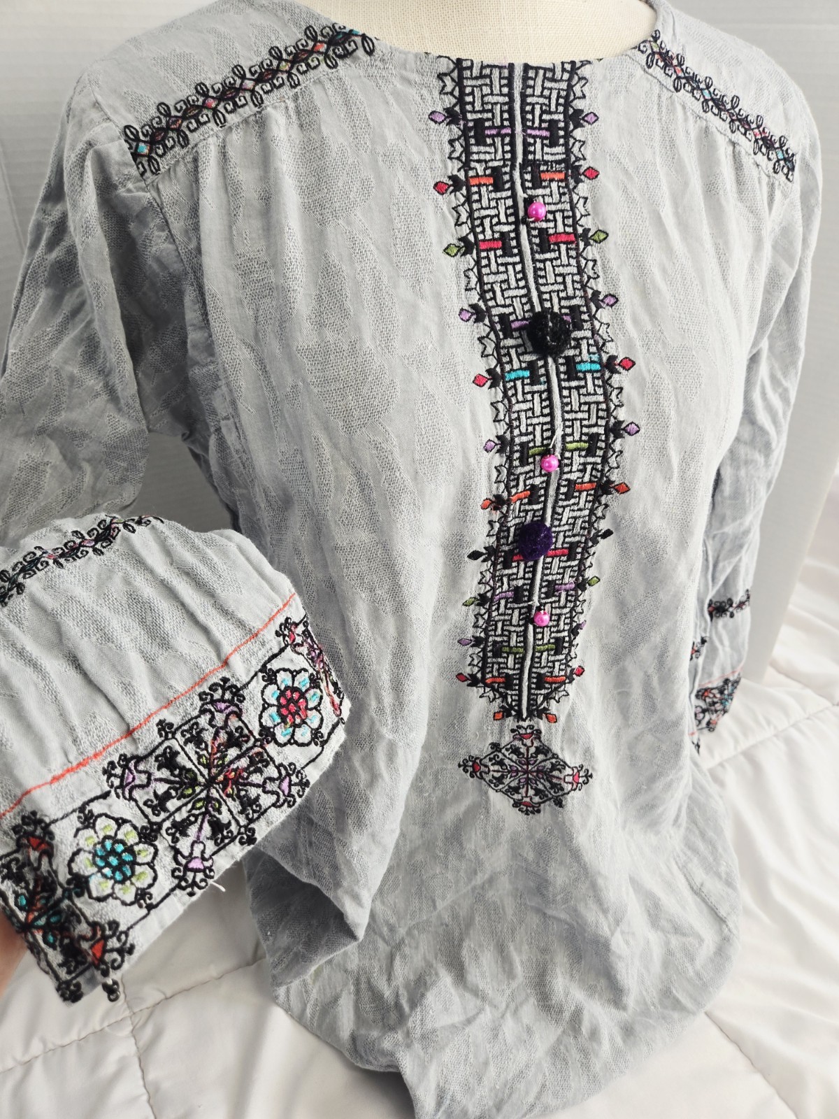 Vtg Boho M Top Egyptian Siwa Oasis Tunic Embroidery Gray Cotton Tribal Hippie