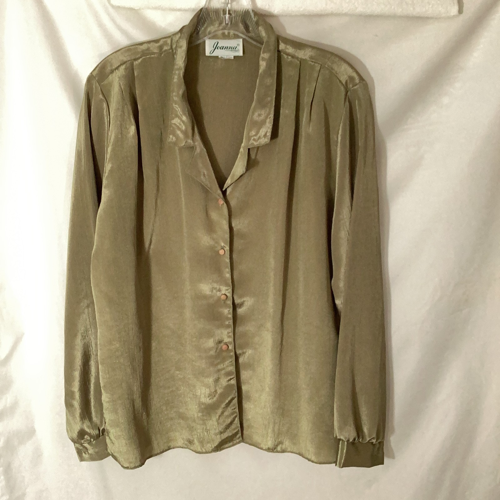 Vintage Joanna Soft Olive Gold Blouse 80s 90s Deep V Notch Lapel Top