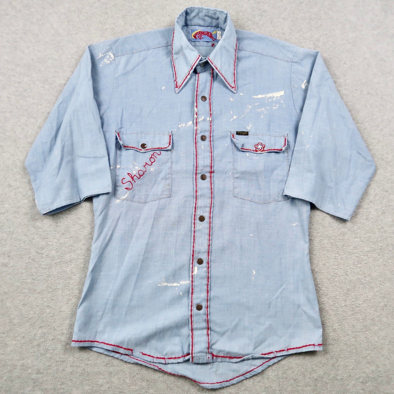 Vintage 70s Wrangler Western Chambray Shirt Blue Paint Splatter Size S 14-14.5