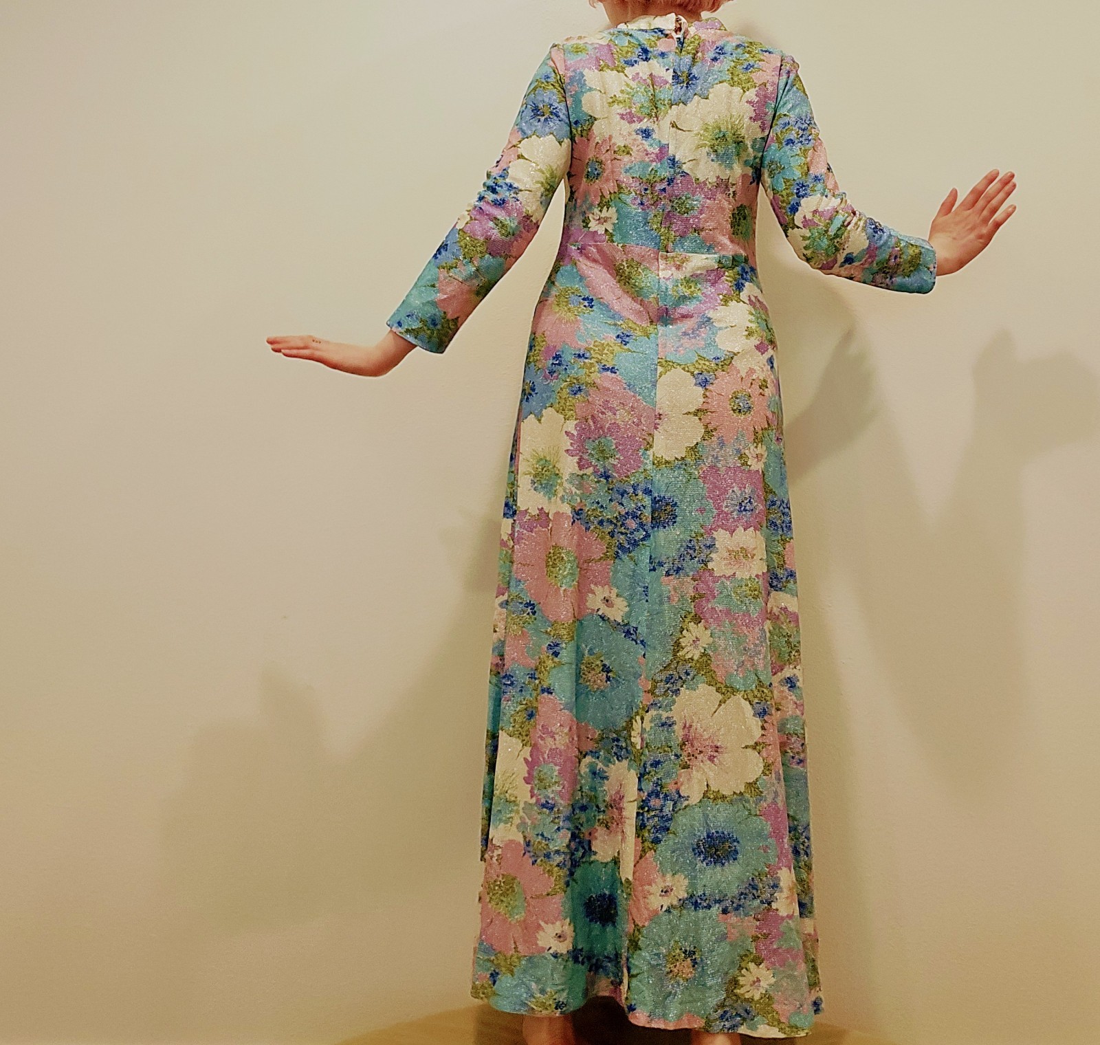 60s VTG Sparkle Psychedelic Purple Green White Floral Dress Md Maxi Mermaid