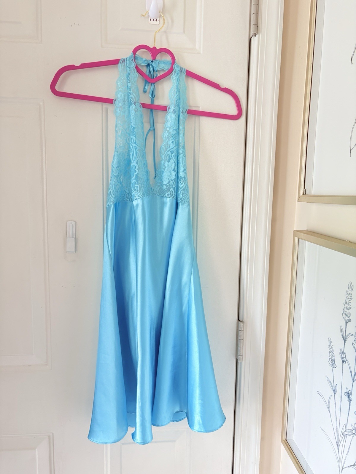 VTG Frederick’s of Hollywood Blue Satin Lace Dress Lingerie Size L Sexy Backless