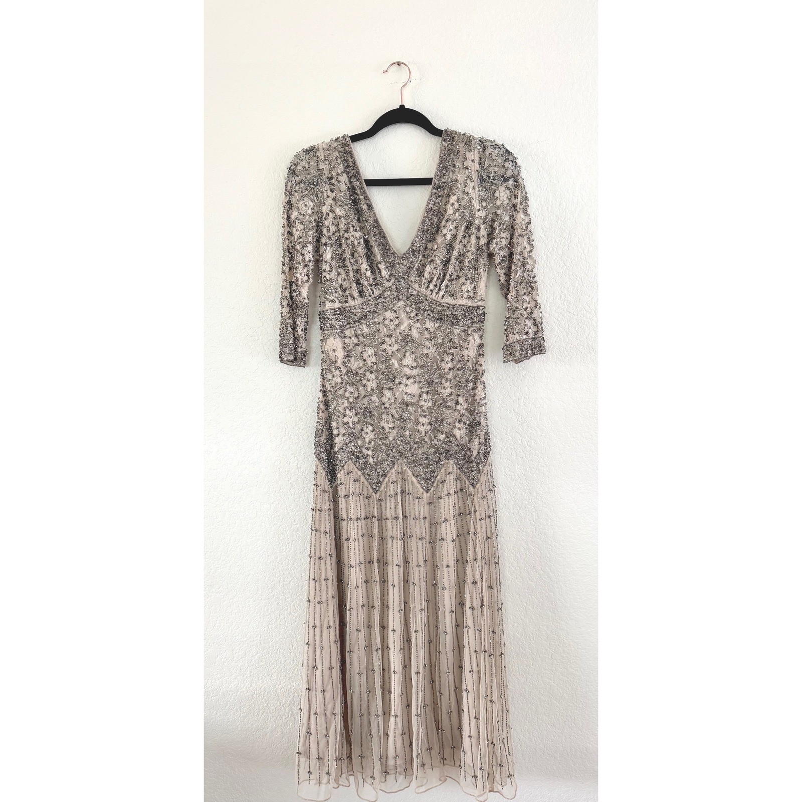 Pizarro Nights Maxi Gown Rayon Lace Beaded Sequin Champagne Silver Art Deco 2