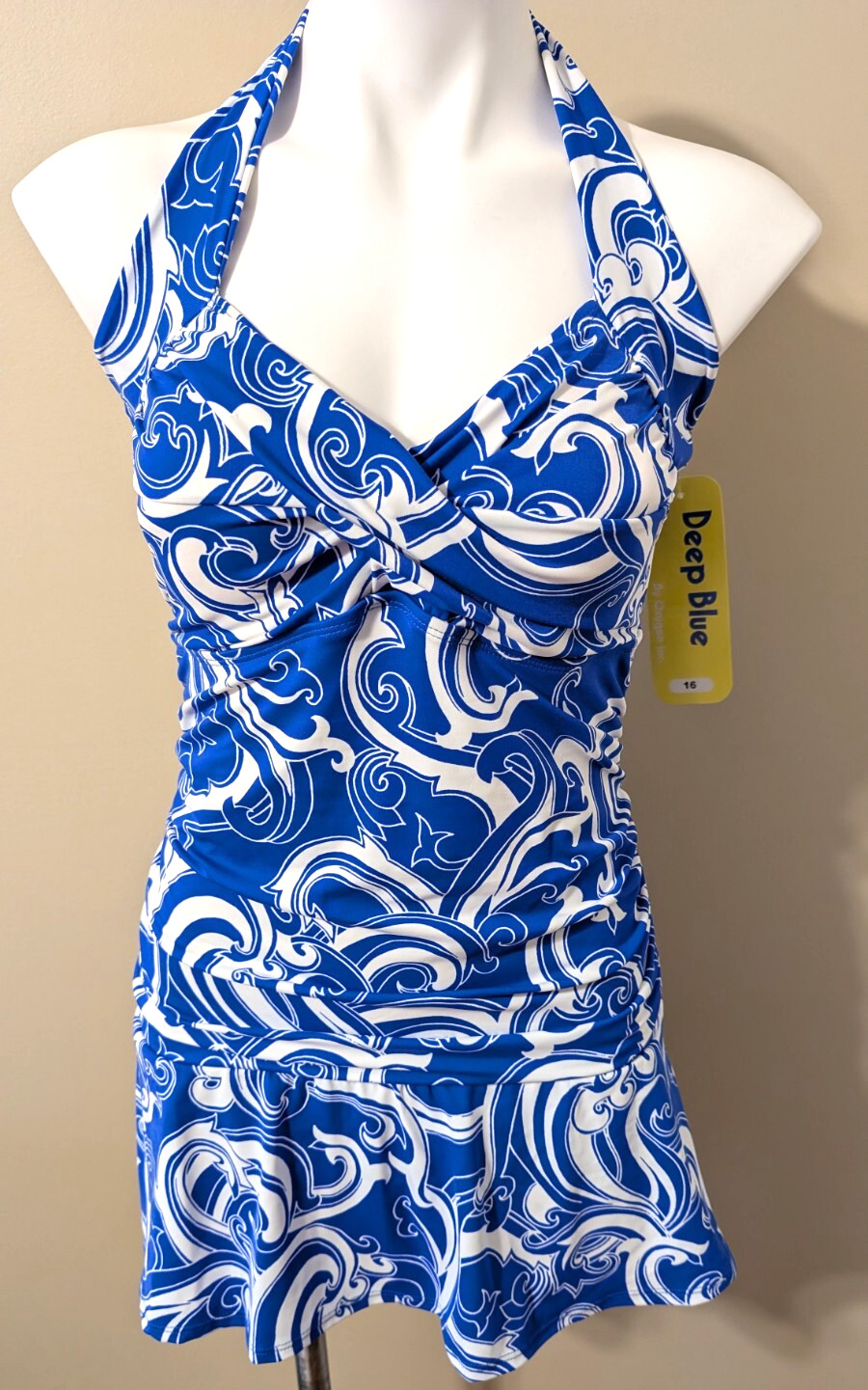 Vtg DEEP BLUE by OXYGEN Women’s sz 16 Blue/White Skirted One Piece Swimsuit NWT