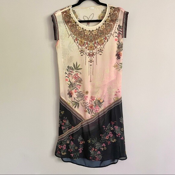 Desigual Elo Sheer Floral Chiffon Flapper Bejeweled Neckline Knee Dress – Small
