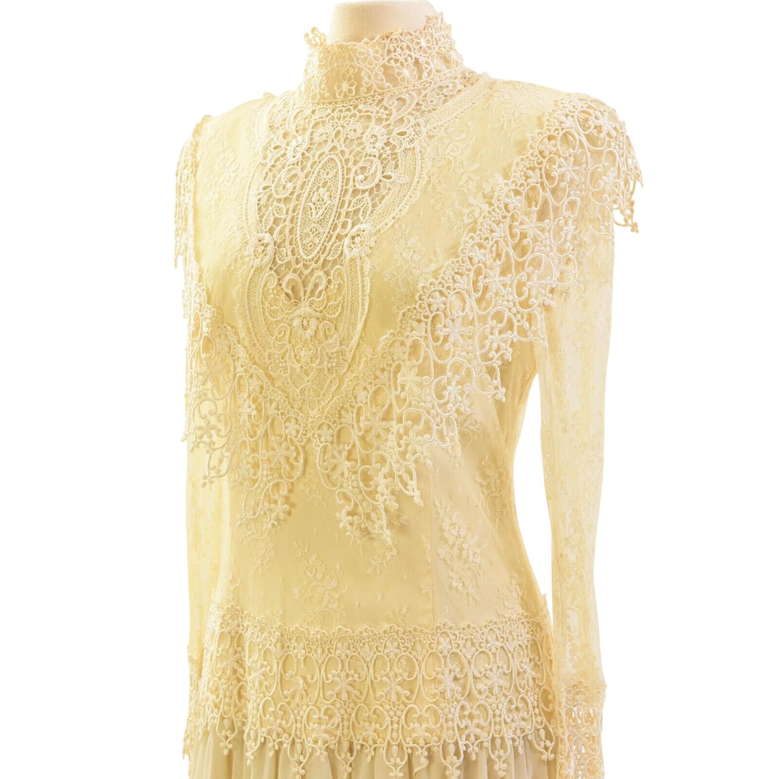 70s Vtg Jessica McClintock Ivory Lace Prairie Bridal Dress M Stand up Collar