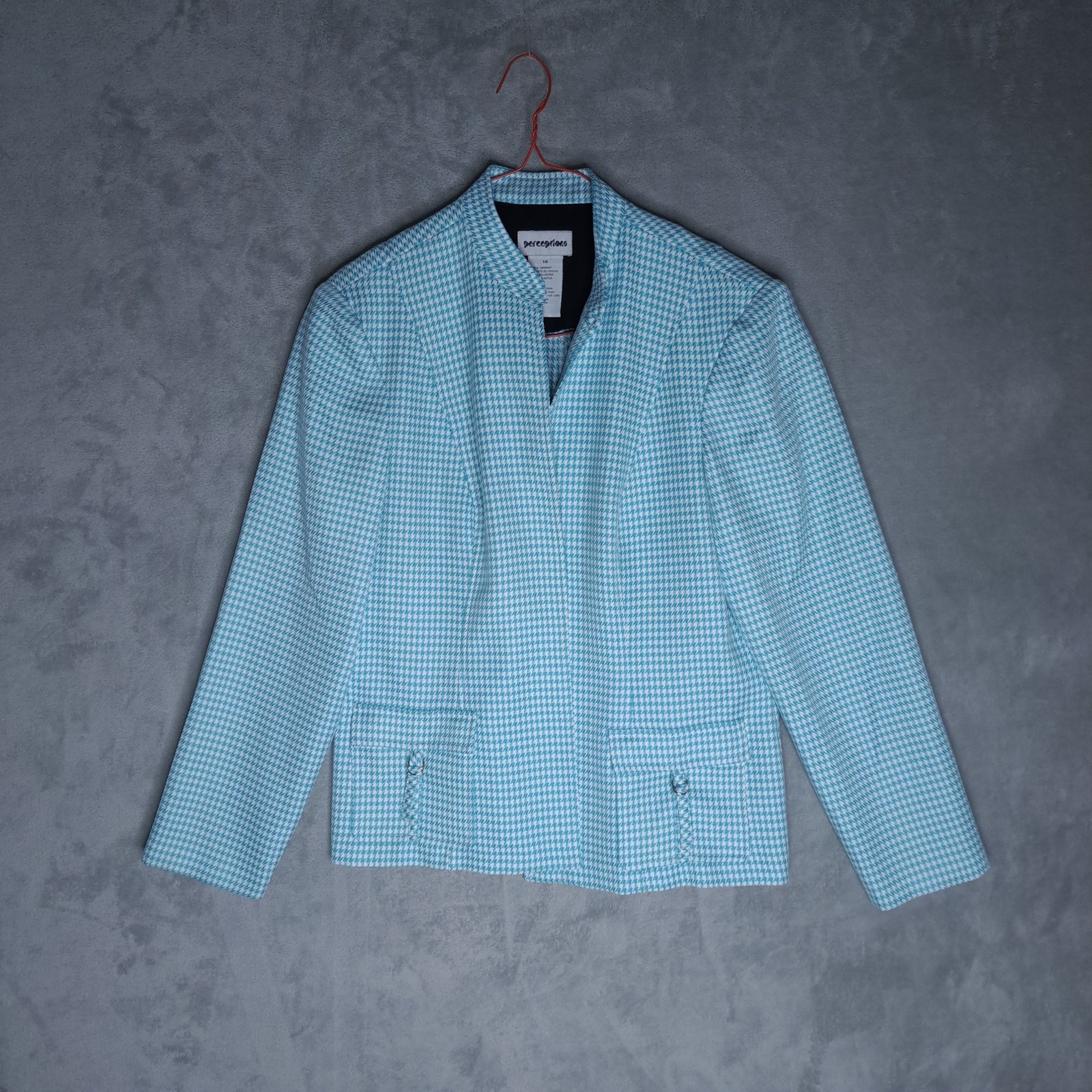 Perceptions Womens Blue Houndstooth Blazer Size 14 Polyester Made in Vietnam