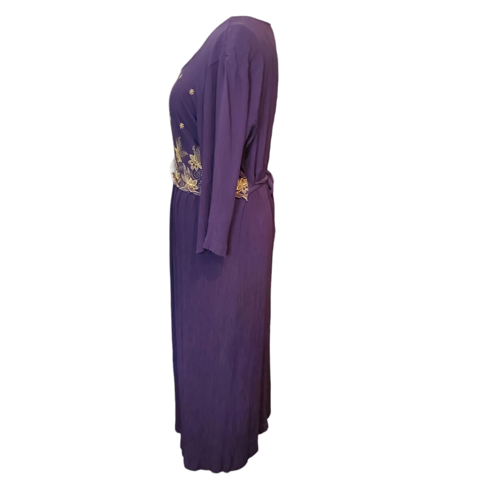 Vintage 90s Purple Empire Waist Midi Dress Gold Embroidery Crinkle Skirt XL 16