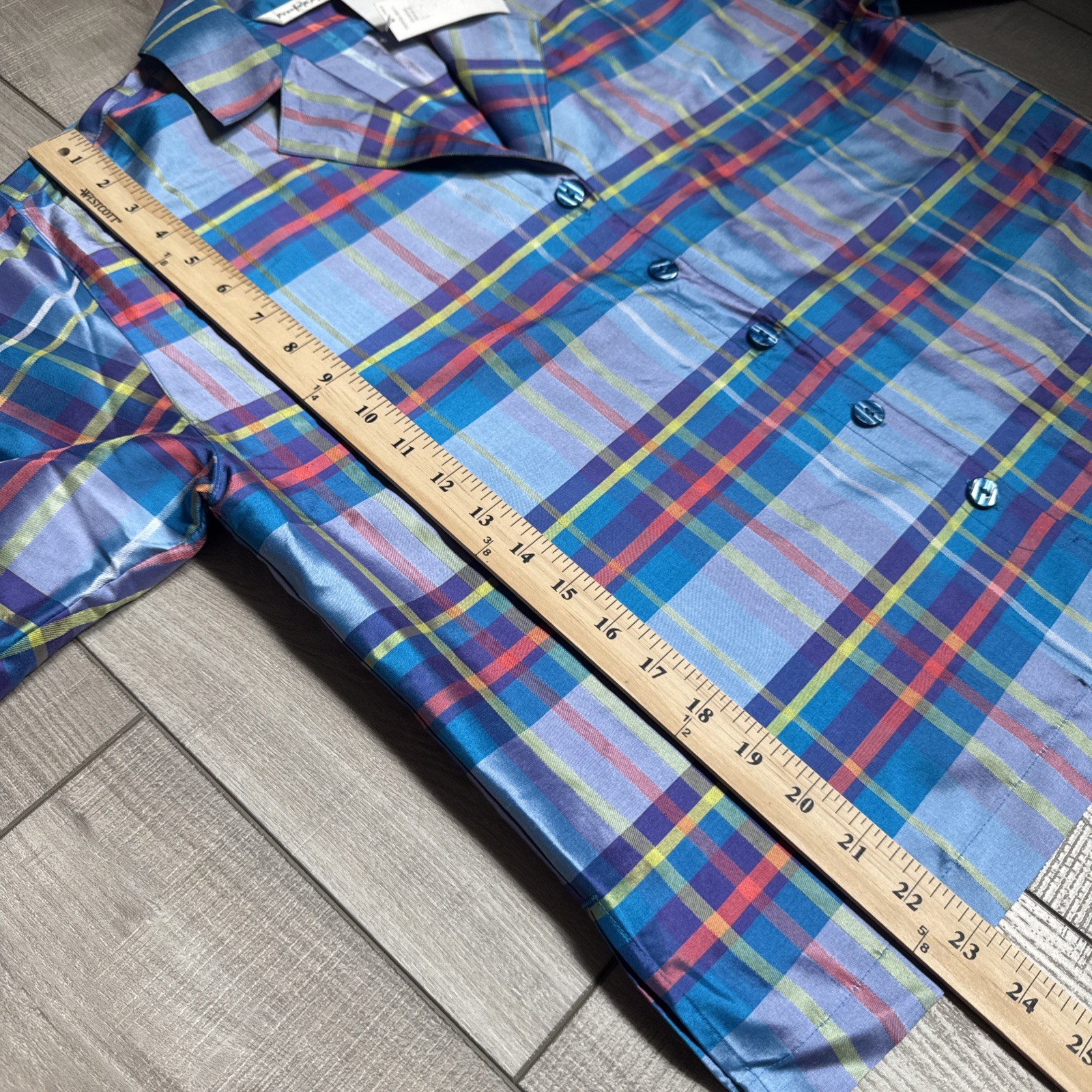 Vintage 90s Preston & York Silk 2pc Pajama Set Top Pants Plaid Womens M/ L Blue