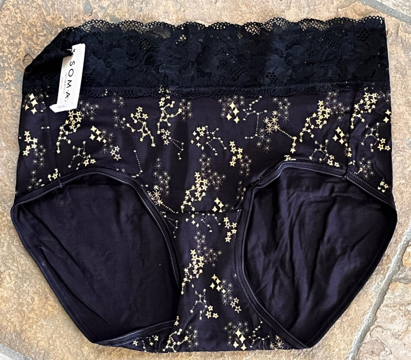 524 SOMA Small Celestial Gold Stars Embraceable Lace Brief Panty NWT Discontinue