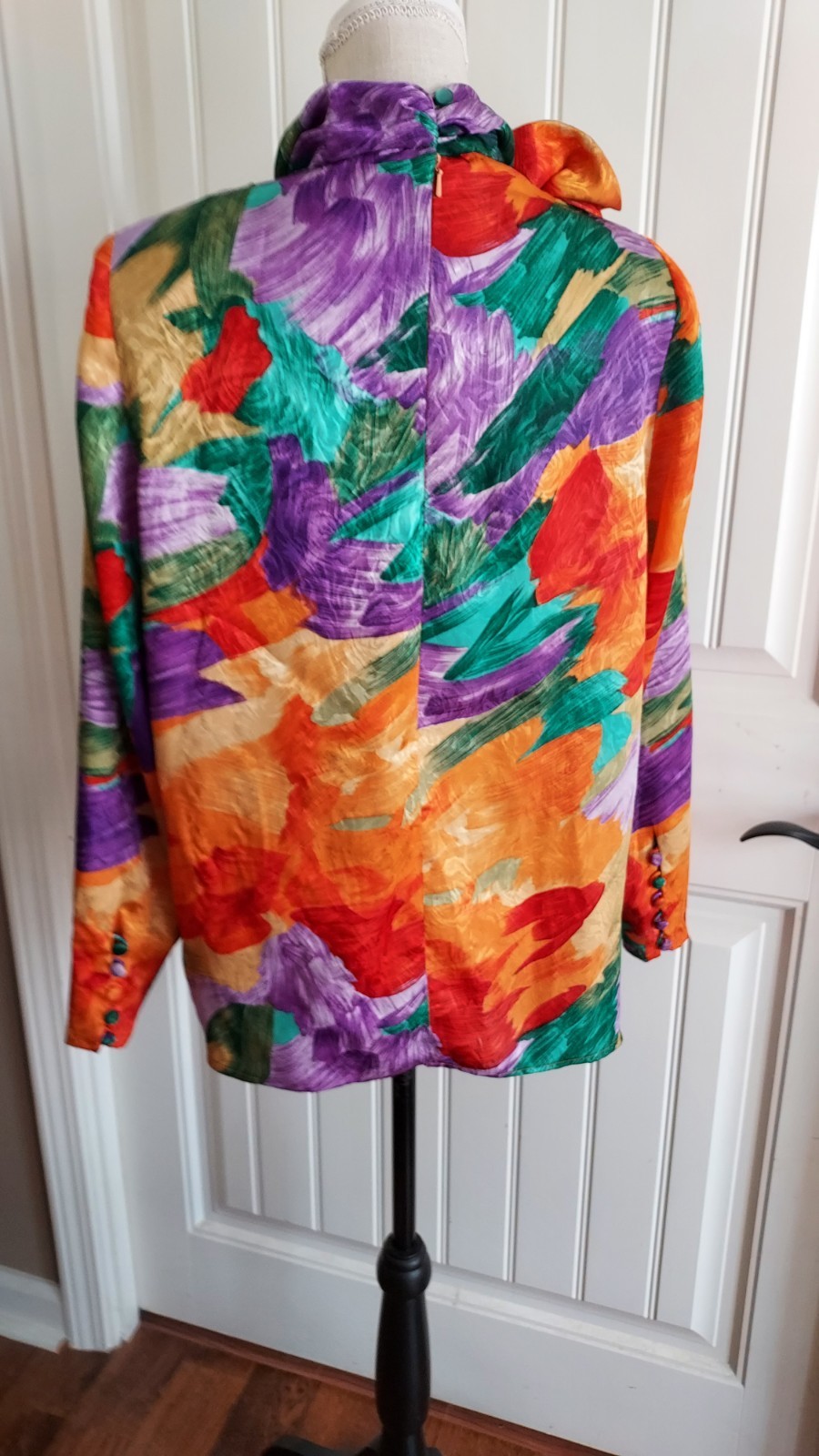 Vtg 80s Adrian Avery Shirt Top L Multi color Sateen Disco Polyester working girl
