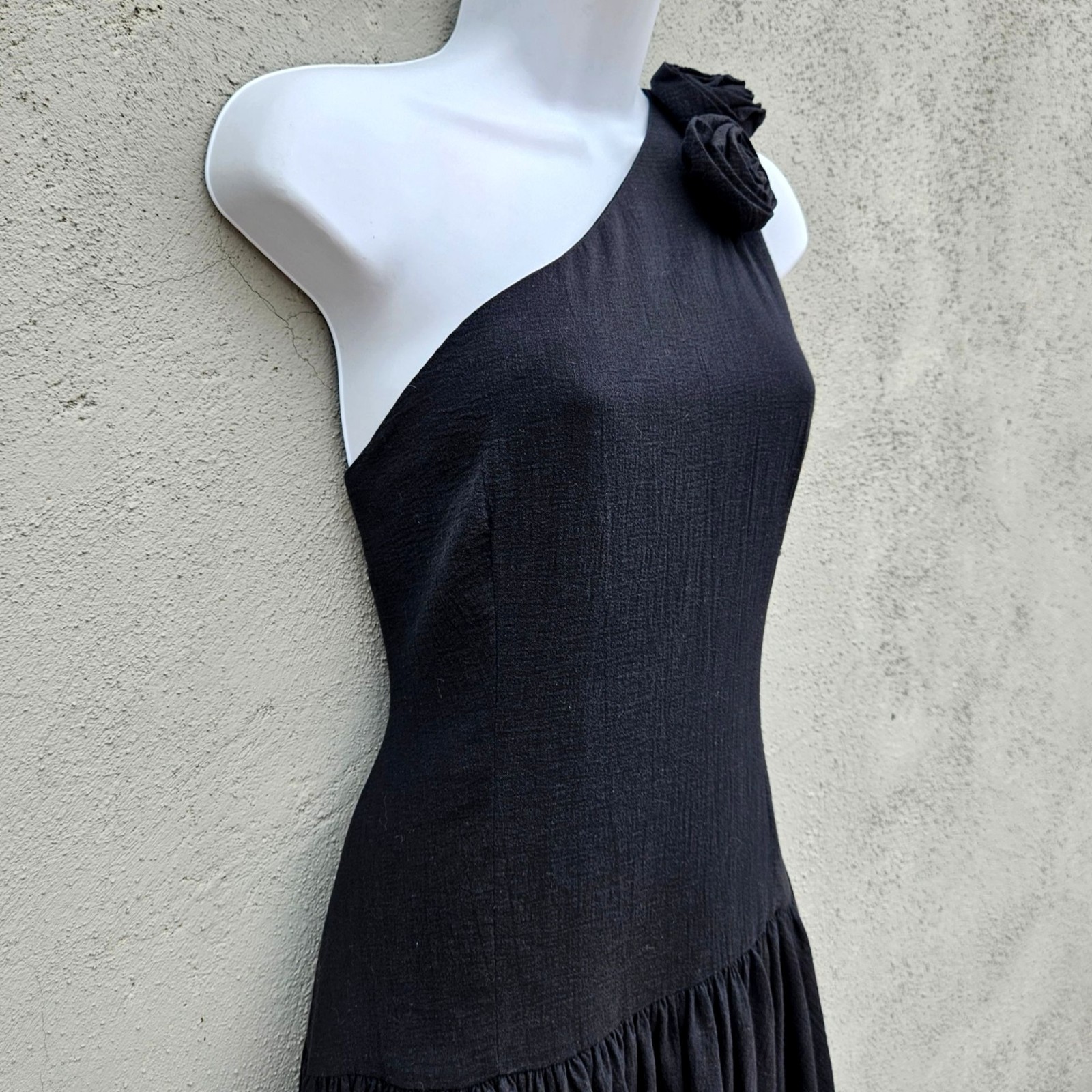 Vintage 80s Georges Rech Paris Black Cotton One Shoulder Dress Rosette Small