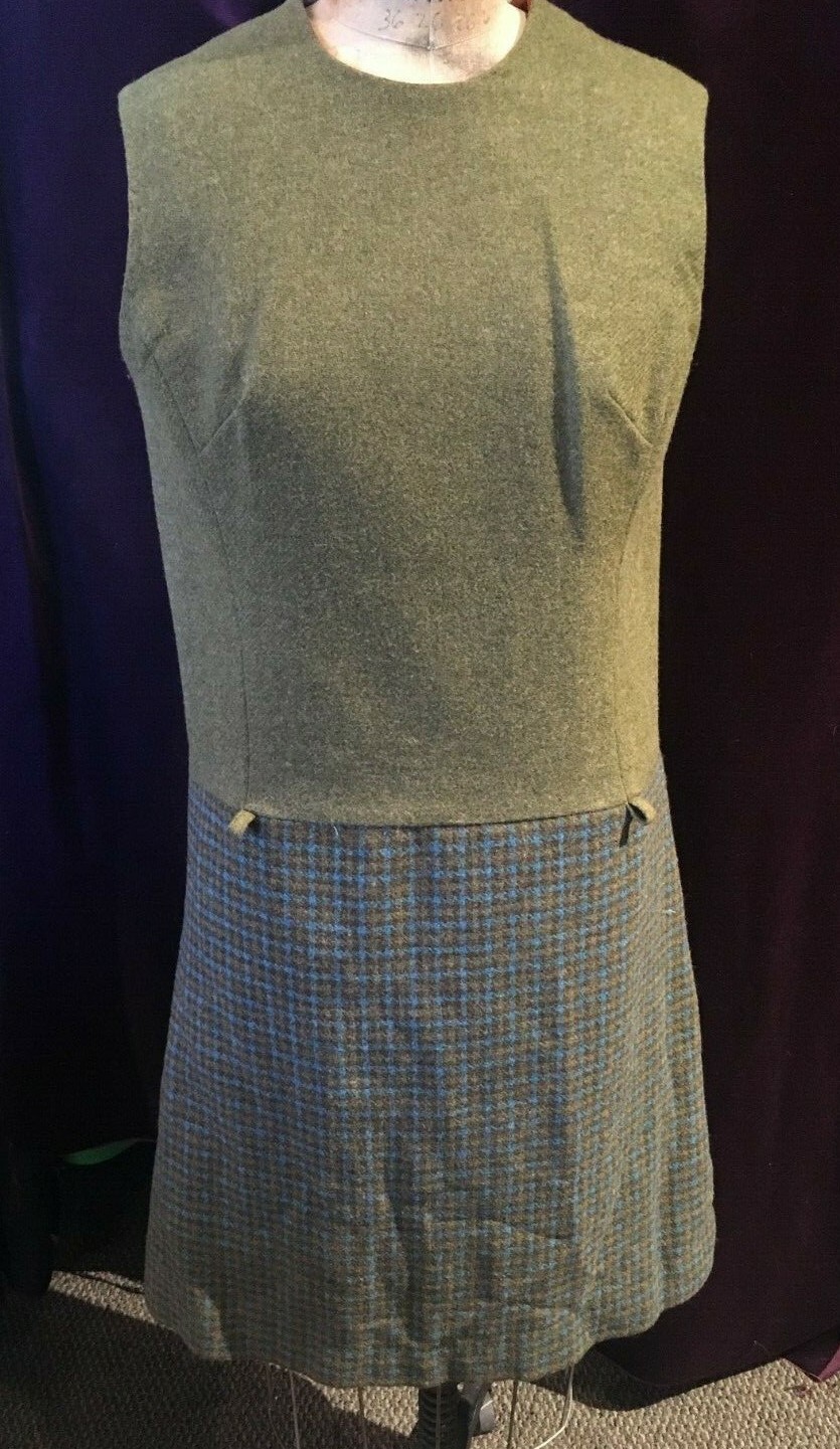 Vintage 1970s Olive Green Wool Shift Dress with Patterned Skirt