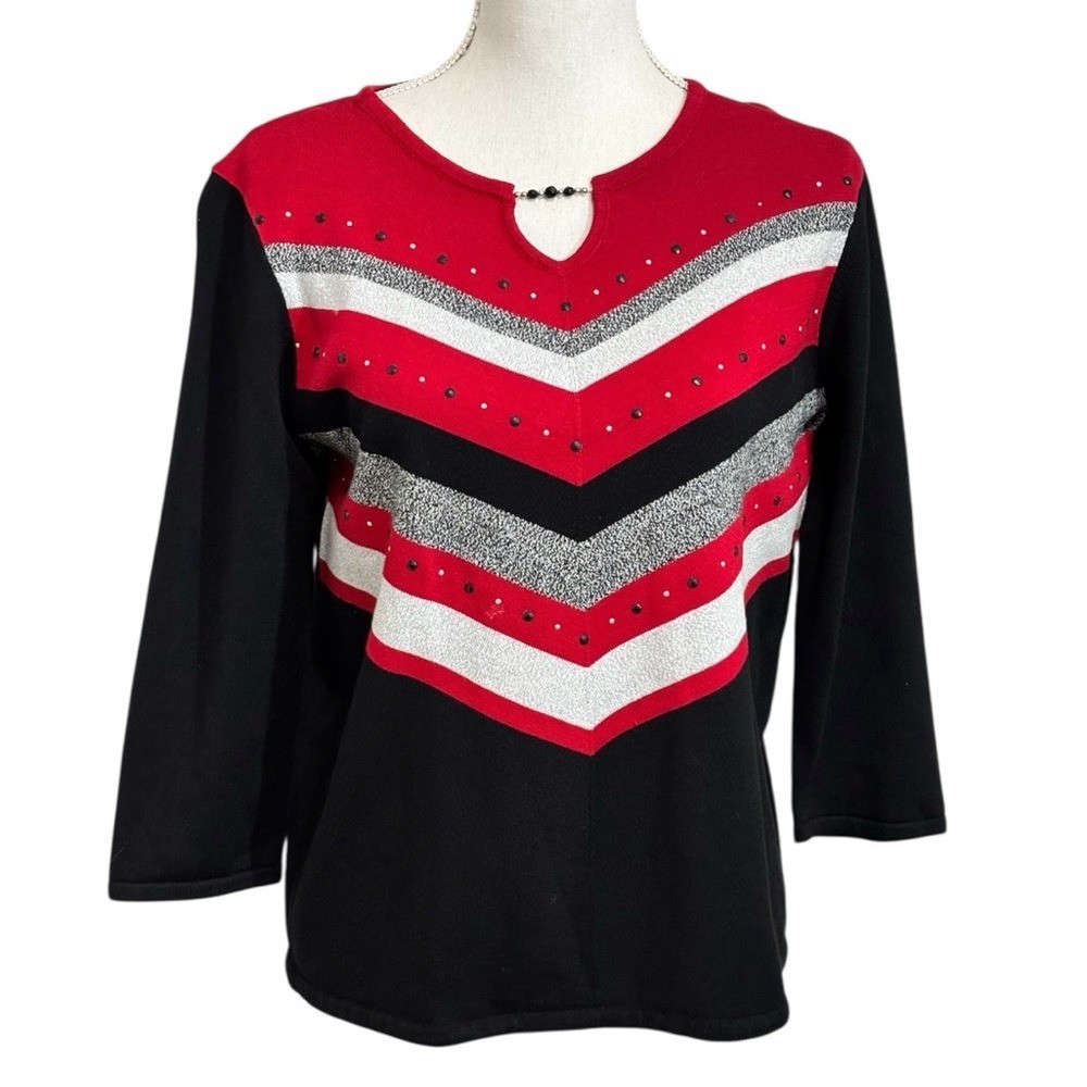 ALFRED DUNNER – Size MP – Retro Vintage Look sweater – Red, Black Silver – B2