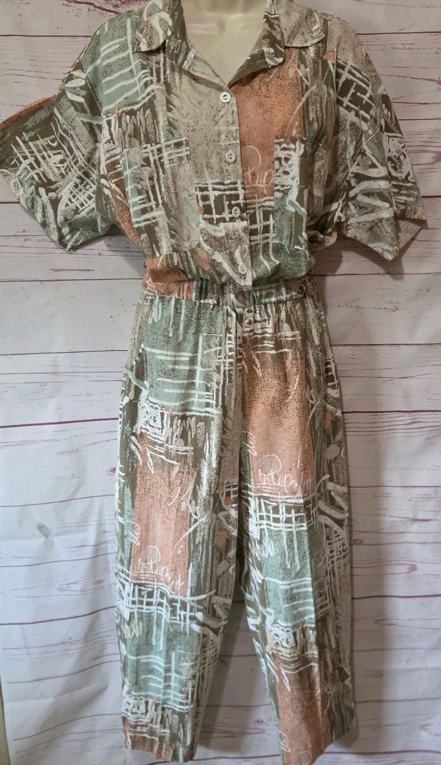 Vtg 80 s Jumpsuit M Abstract Print Dolman Sleeves Button Front Elastic Waist