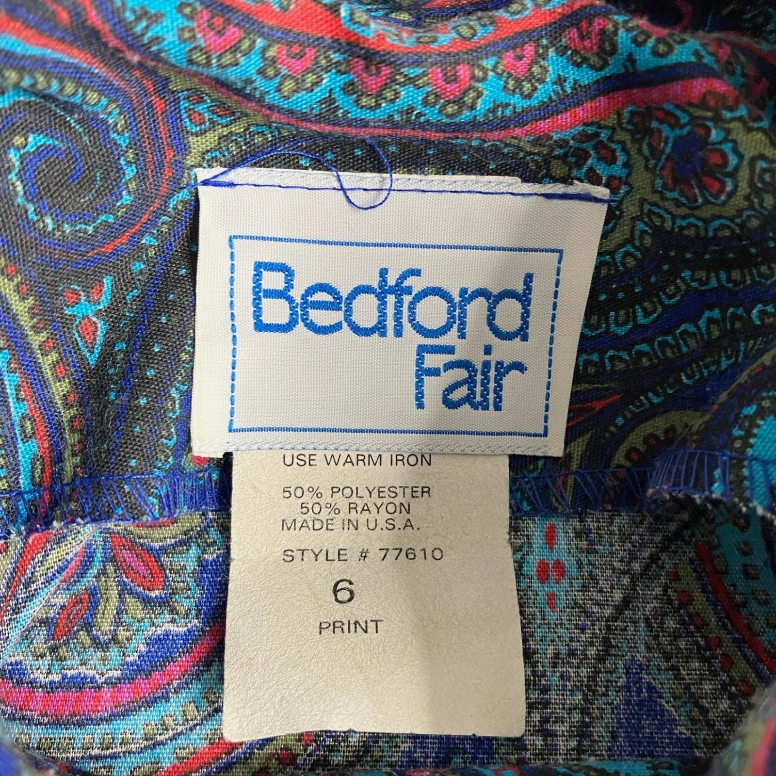 Vintage 80s Bedford Fair Paisley Midi Dress Womens 6 Long Sleeve Belted Boho Mod
