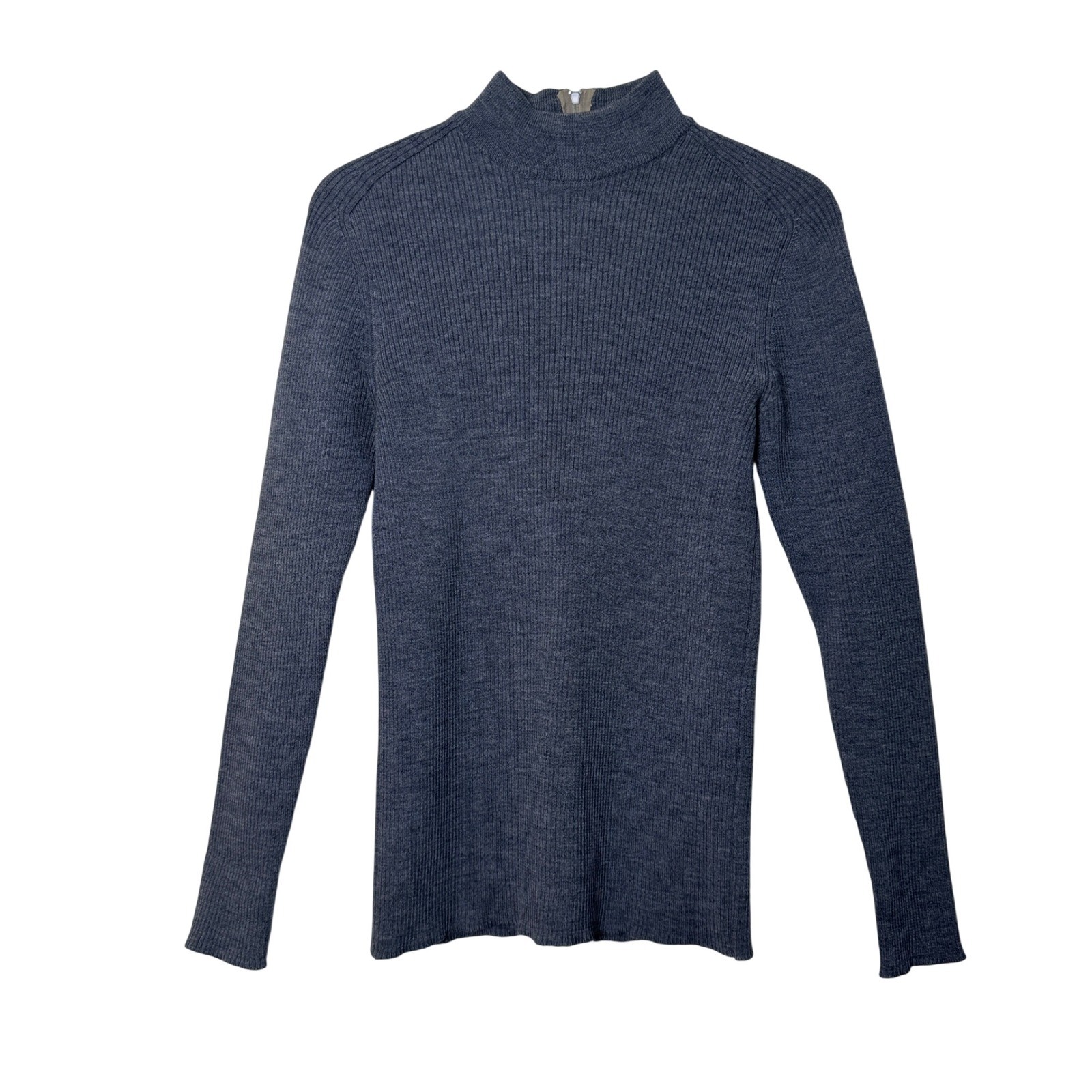 Vintage Dorce I. Magnin Gray Ribbed Pure Virgin Wool Mock Neck Back Zip Sweater