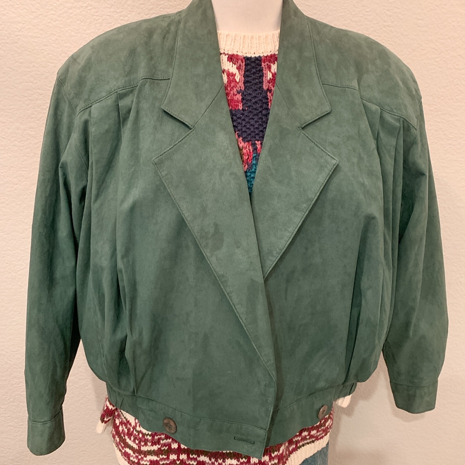 Vintage Women’s Hunter Olive Green Suede Leather Bomber Jacket Size 8 Petite