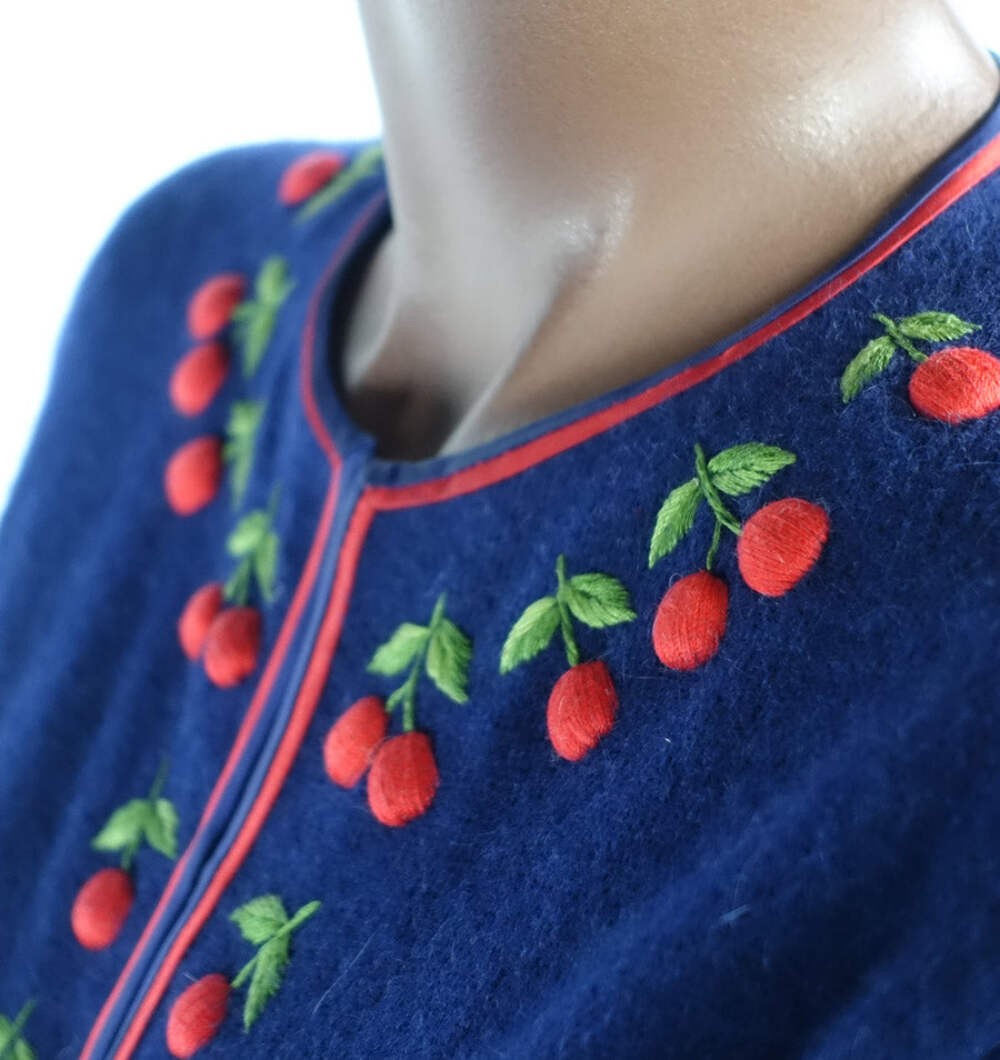 Women’s 50s Cherries Cardigan Sweater Vintage Dark Blue Small to Medium