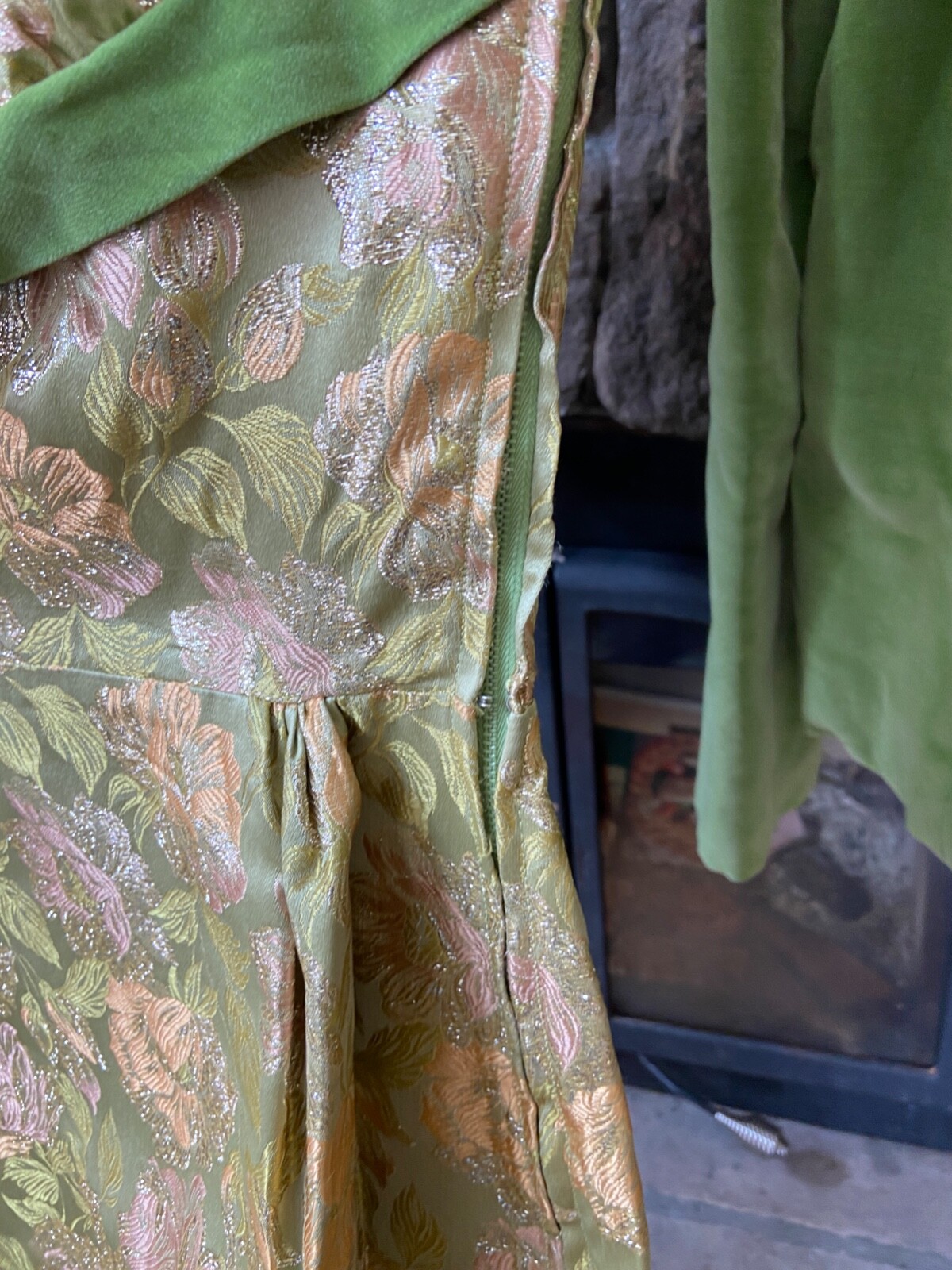 Fabulous Dress and Jacket Set GreenGold Brocade Velvet VTG 60s Holiday Party