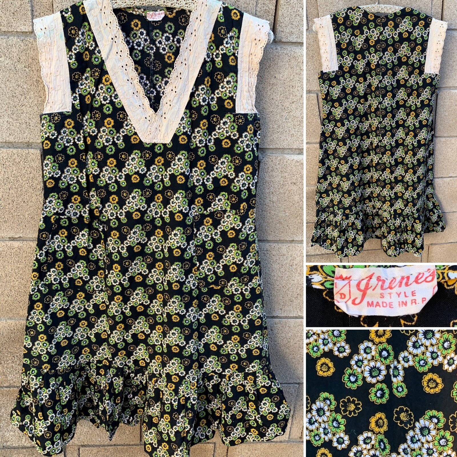 Vintage Jrenes Style Made In RP Floral Dress Eyelet Accent See Pics Measurements