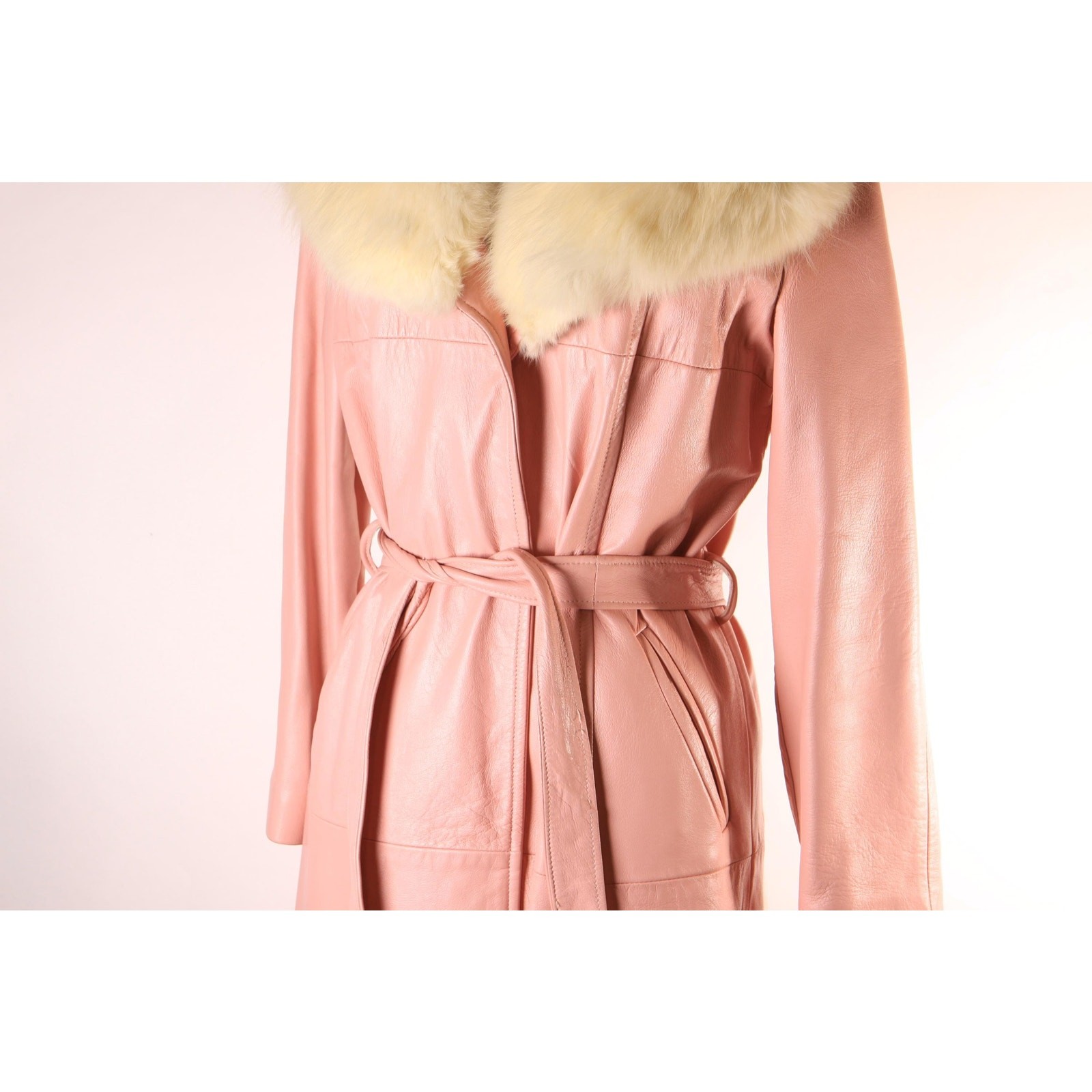 1970s Pink Leather Cream Fox Fur Trench Coat by New England Sportswear Company