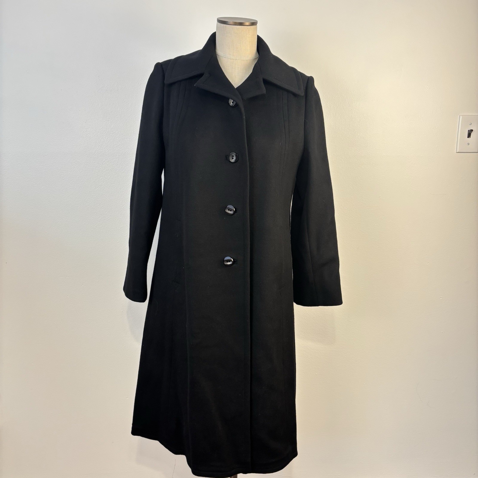 VTG 1960s Stevens Forstmann Black Wool Swing Coat Mod Jacki O Style Quiet Luxury