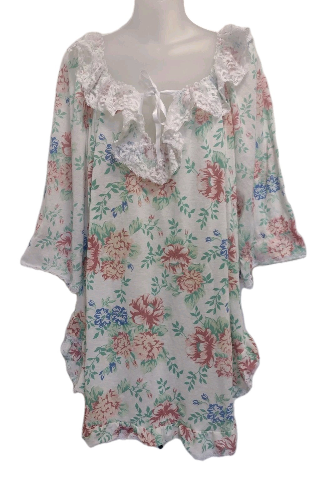 Vintage 60s 70s Floral Babydoll Nightgown Lace Trim Brushed Poly Cottagecore M/L